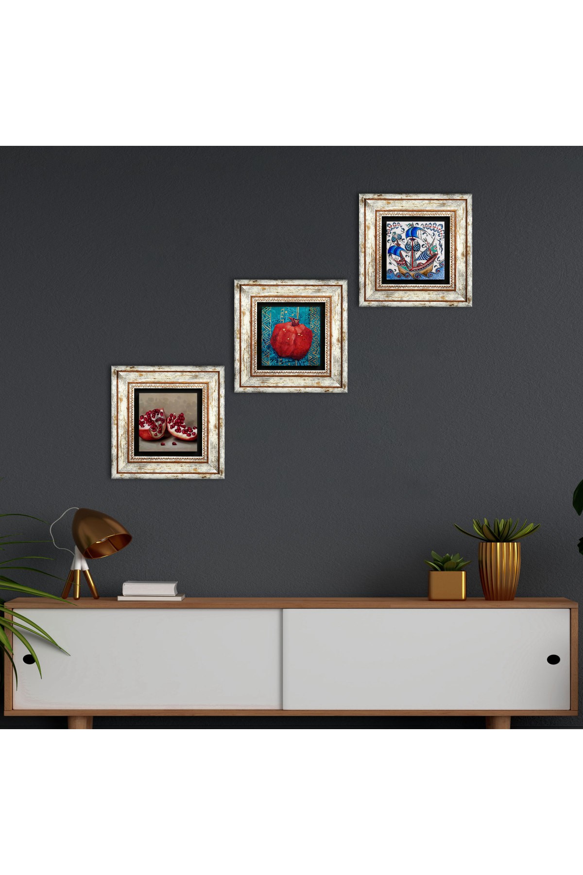 Çini Sanatı Yelkenli Gemi, Nar Taş Duvar Tablosu Çerçeveli Duvar Dekoru 3 Parça Tablo Seti Wall Art