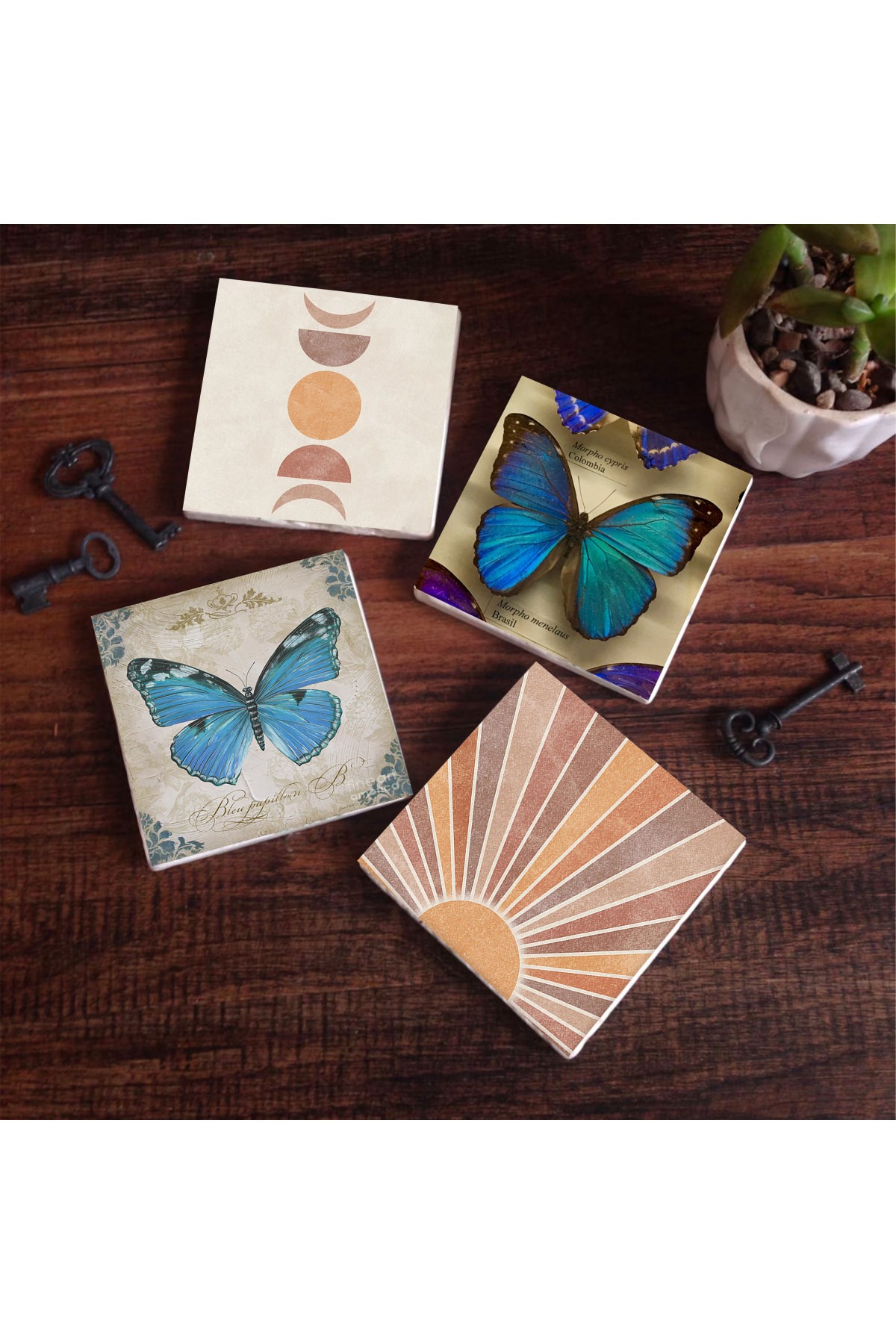 Minimalist Abstract, Butterfly Stone Coasters Desktop Protective Coasters 4 Piece Set 10x10cm Stone Coasters