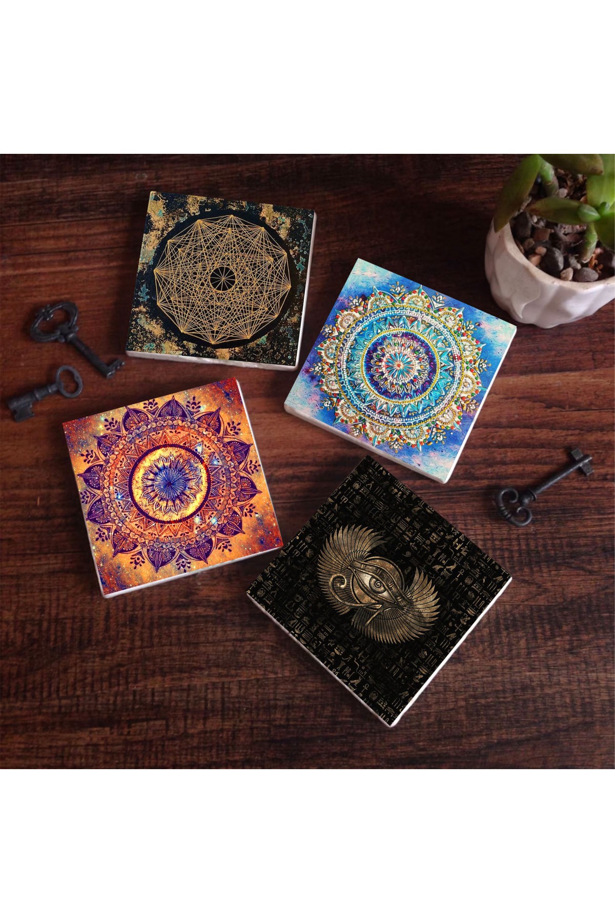 Mandala, Eye of Horus, Sri Yantra Stone Coasters Desktop Protective Coasters 4 Piece Set 10x10cm Stone Coasters