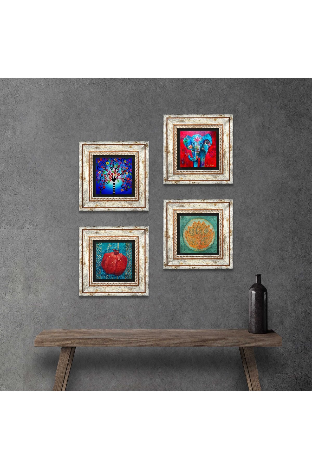 Elephant, Lotus Flower, Tree of Life, Pomegranate Stone Wall Painting Framed Wall Decor 4 Piece Painting Set Wall Art