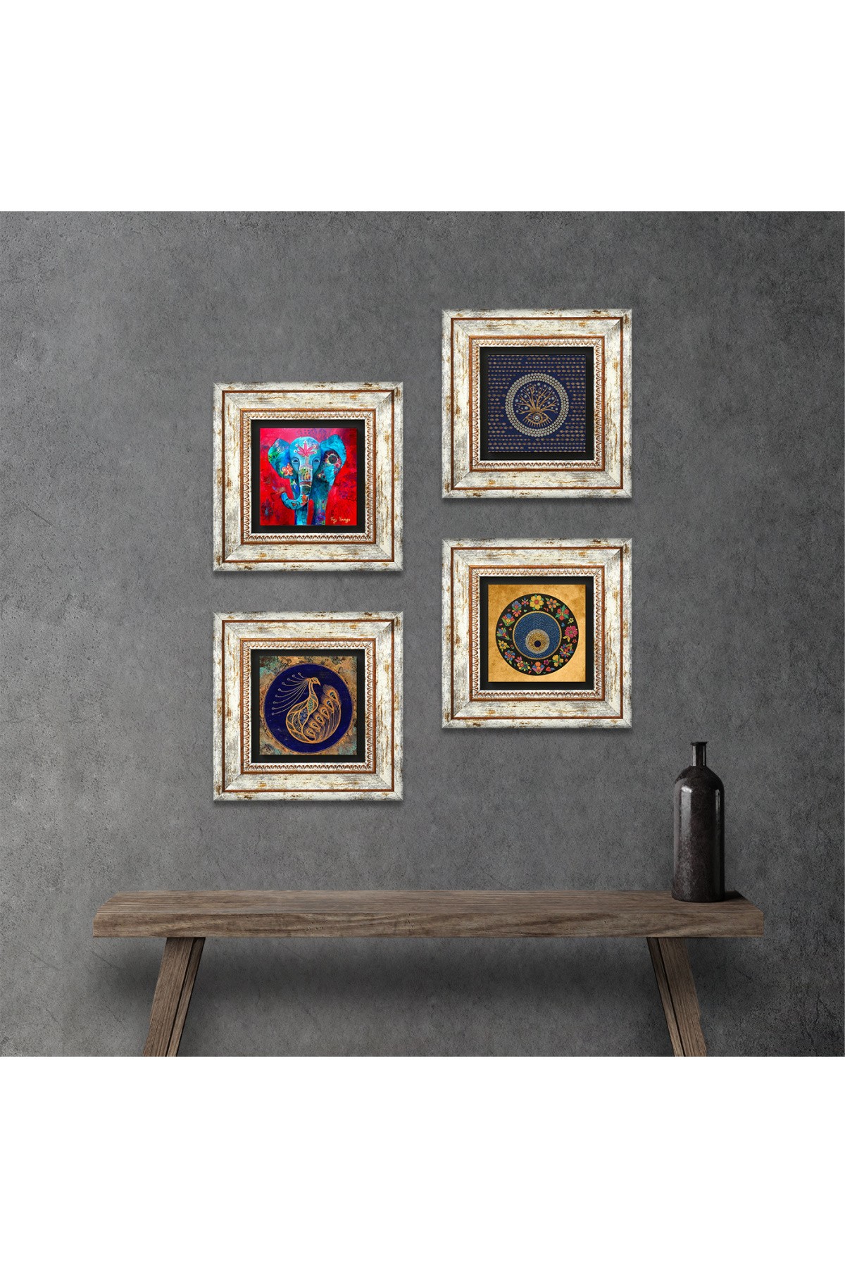 Elephant, Peacock, Evil Eye Stone Wall Painting Framed Wall Decor 4 Piece Painting Set Wall Art