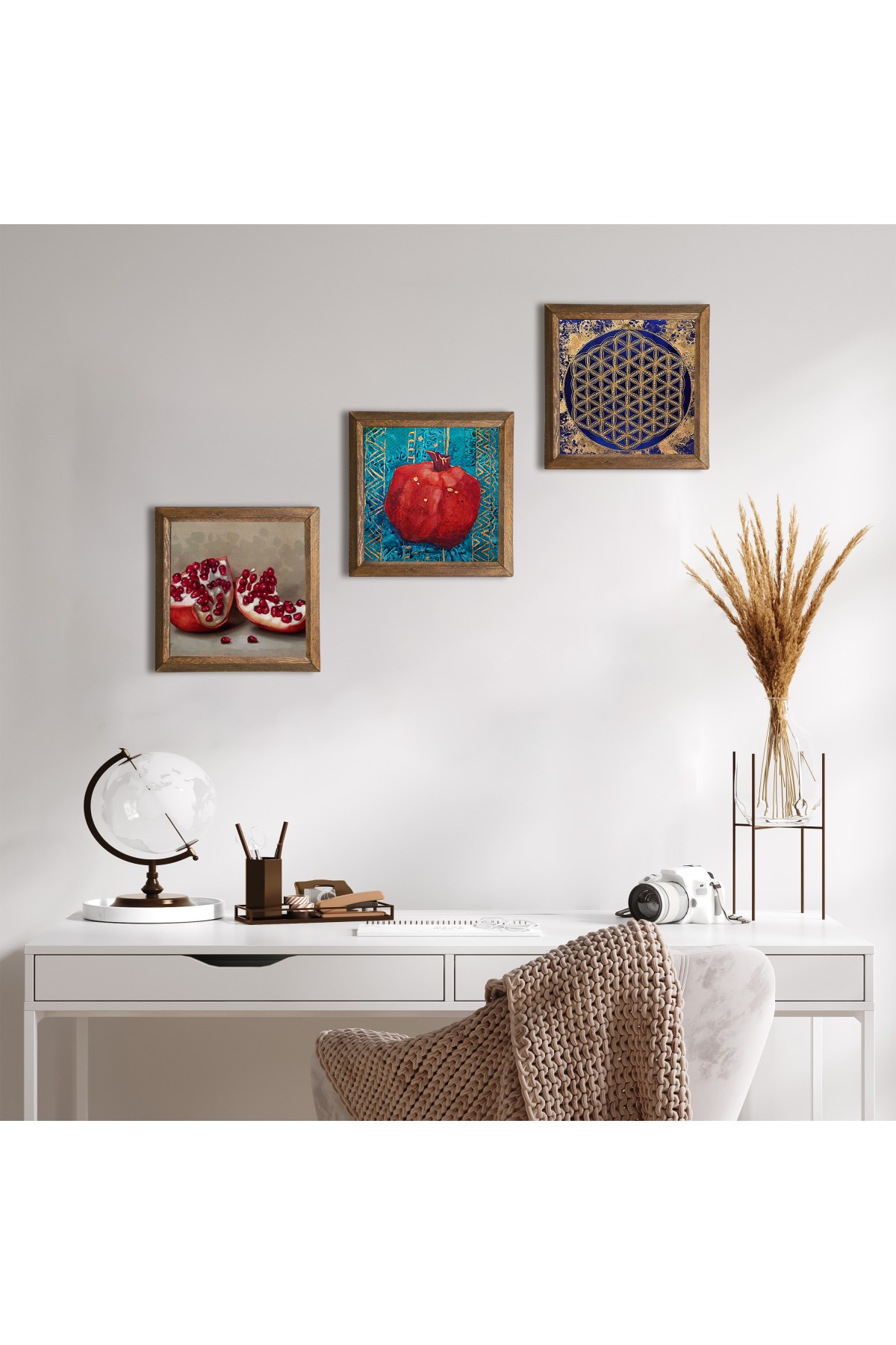 Yaşam Çiçeği, Nar Taş Duvar Tablosu Ahşap Çerçeveli Duvar Dekoru 3 Parça Tablo Seti Wall Art