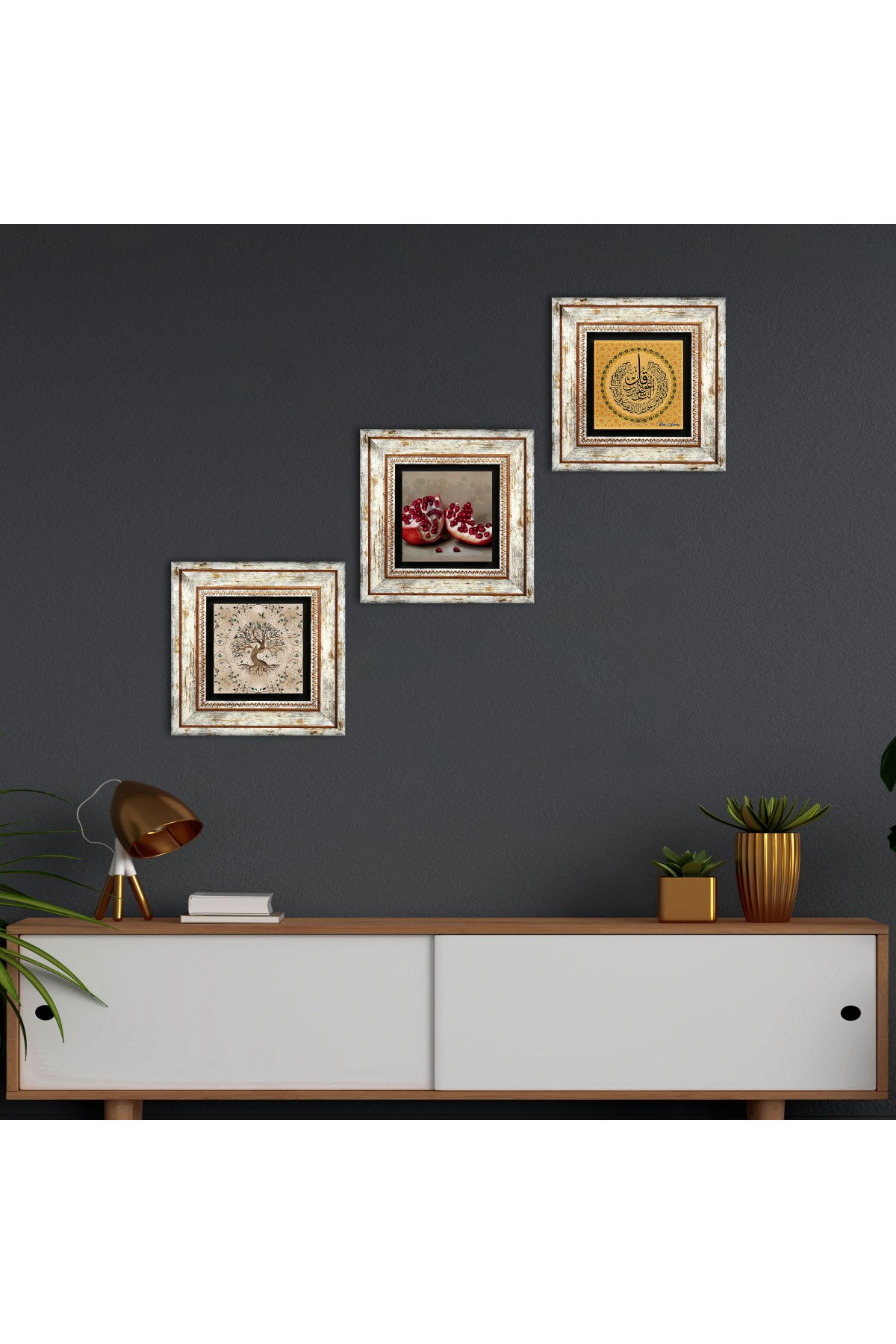 Nas Suresi, Hayat Ağacı, Nar Taş Duvar Tablosu Çerçeveli Duvar Dekoru 3 Parça Tablo Seti Wall Art