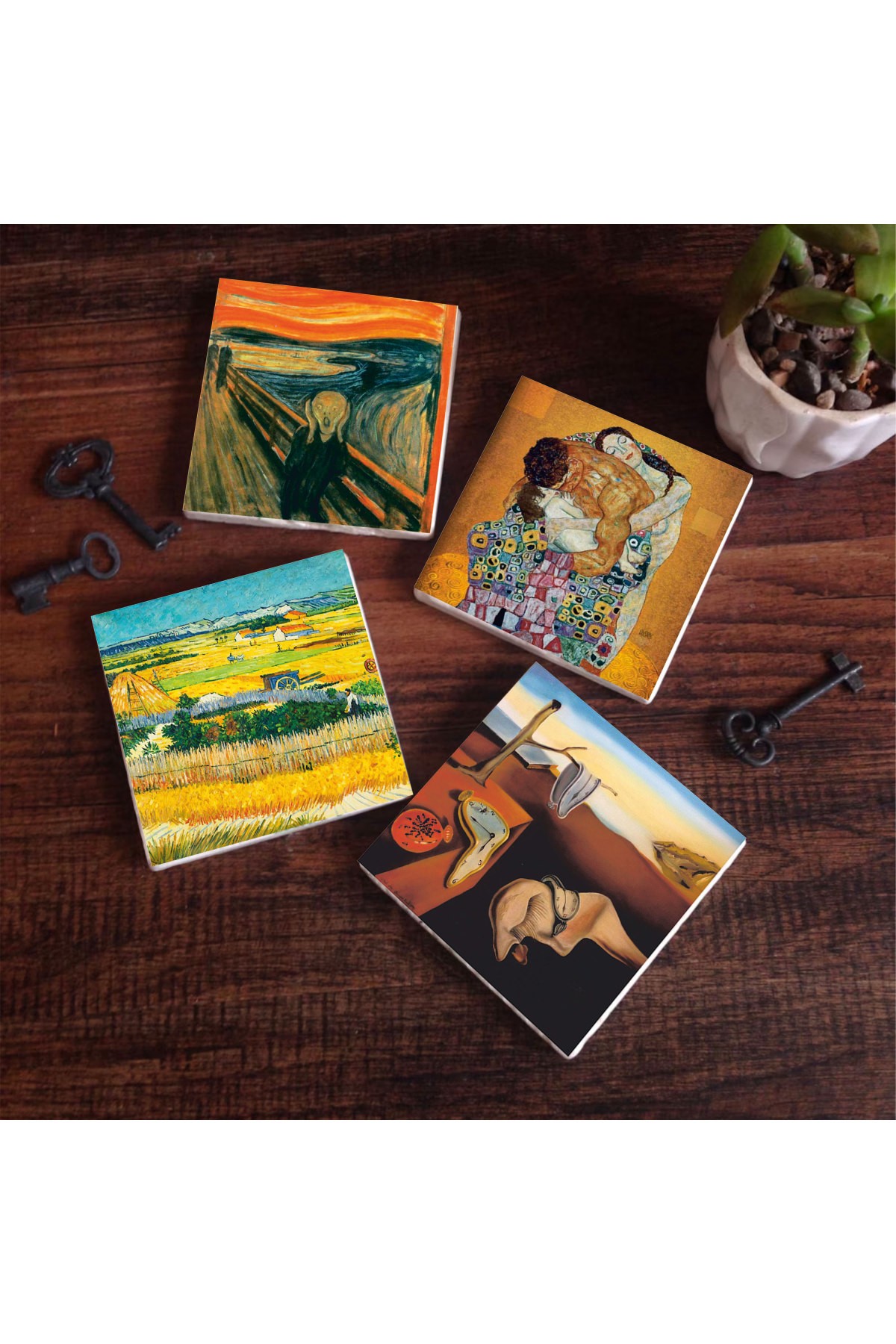 Dalí Belleğin Azmi, Van Gogh Hasat Manzarası, Çığlık, Klimt Aile Kucaklama Taş Bardak Altlığı Masaüstü Koruyucu Altlık 4 Parça Set 10x10cm Stone Coasters