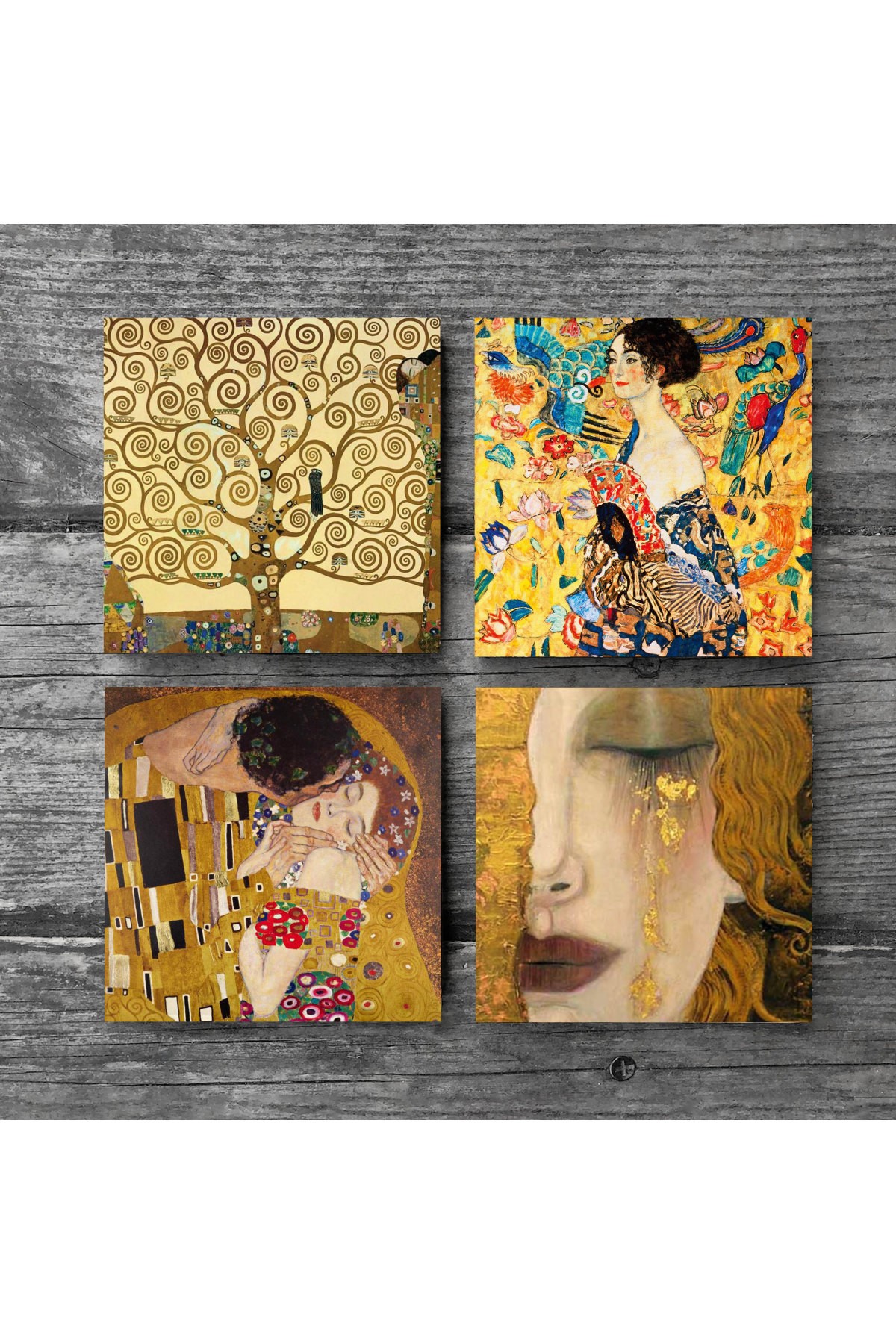 Gustav Klimt Yelpazeli Kadın, Altın Gözyaşları, Öpücük, Hayat Ağacı Taş Bardak Altlığı Masaüstü Koruyucu Altlık 4 Parça Set 10x10cm Stone Coasters