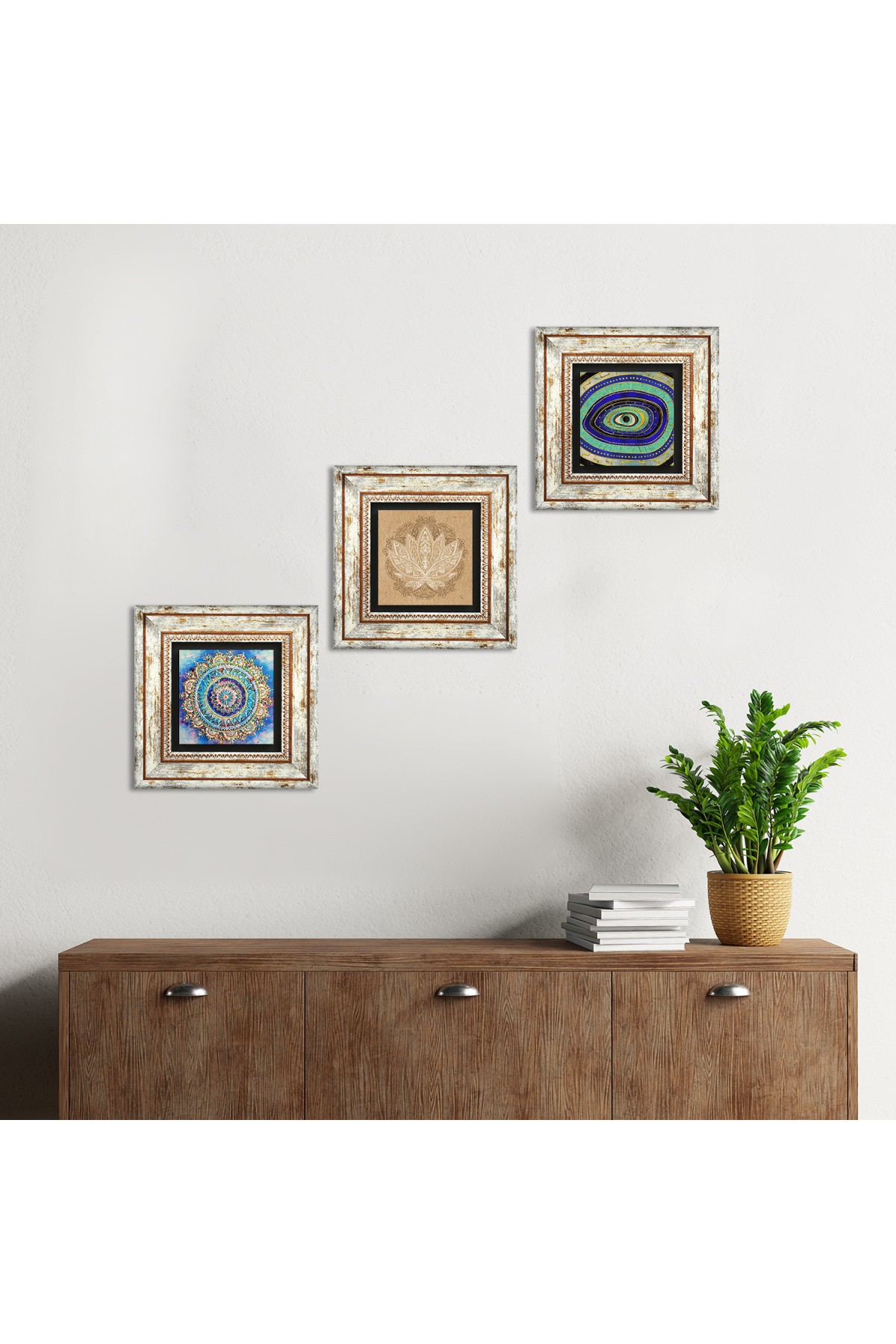 Mandala, Nazar, Lotus Çiçeği Taş Duvar Tablosu Çerçeveli Duvar Dekoru 3 Parça Tablo Seti Wall Art