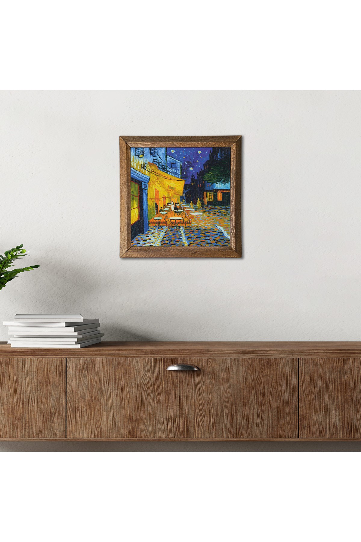 Vincent van Gogh Kafe Terasta Gece Taş Duvar Tablosu Ahşap Çerçeveli Duvar Dekoru Wall Art 25x25cm