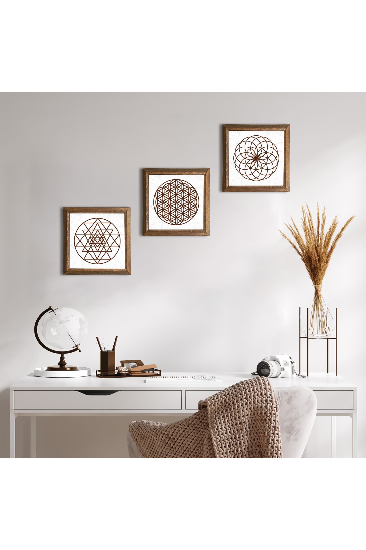 Yaşam Çiçeği, Sri Yantra Taş Duvar Tablosu Ahşap Çerçeveli Duvar Dekoru 3 Parça Tablo Seti Wall Art