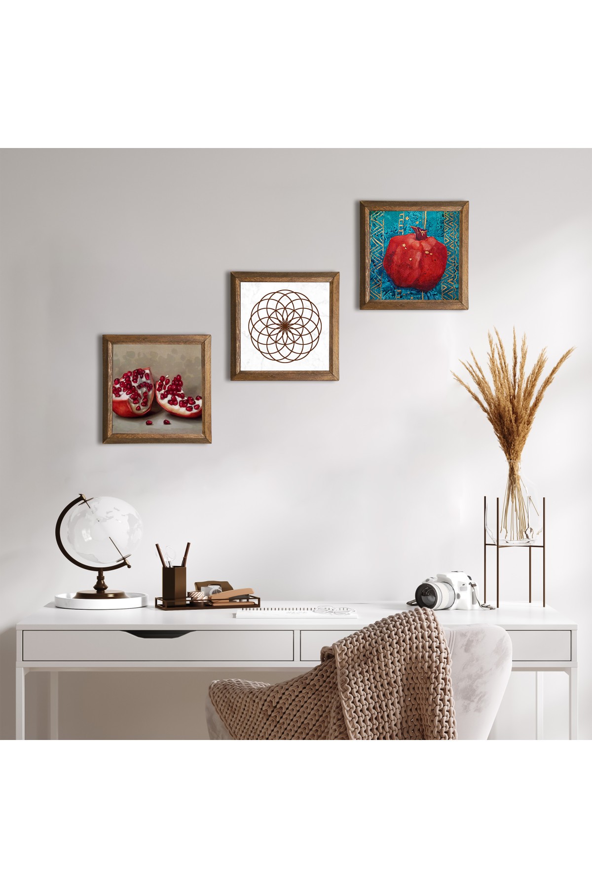 Yaşam Çiçeği, Nar Taş Duvar Tablosu Ahşap Çerçeveli Duvar Dekoru 3 Parça Tablo Seti Wall Art