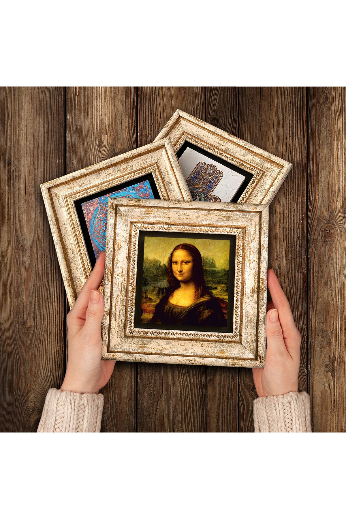 Da Vinci Virgin of the Rocks, Mona Lisa, Vitruvian Man Stone Wall Painting Framed Wall Decor 3 Piece Painting Set Wall Art