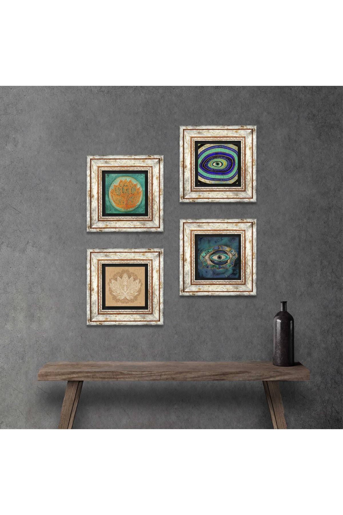 Nazar, Lotus Çiçeği Taş Duvar Tablosu Çerçeveli Duvar Dekoru 4 Parça Tablo Seti Wall Art