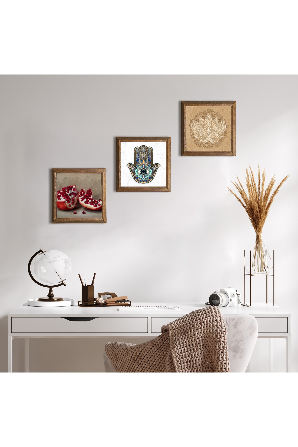 Lotus Çiçeği, Nar, Fatma Ana Eli (Hamsa) Taş Duvar Tablosu Ahşap Çerçeveli Duvar Dekoru 3 Parça Tablo Seti Wall Art