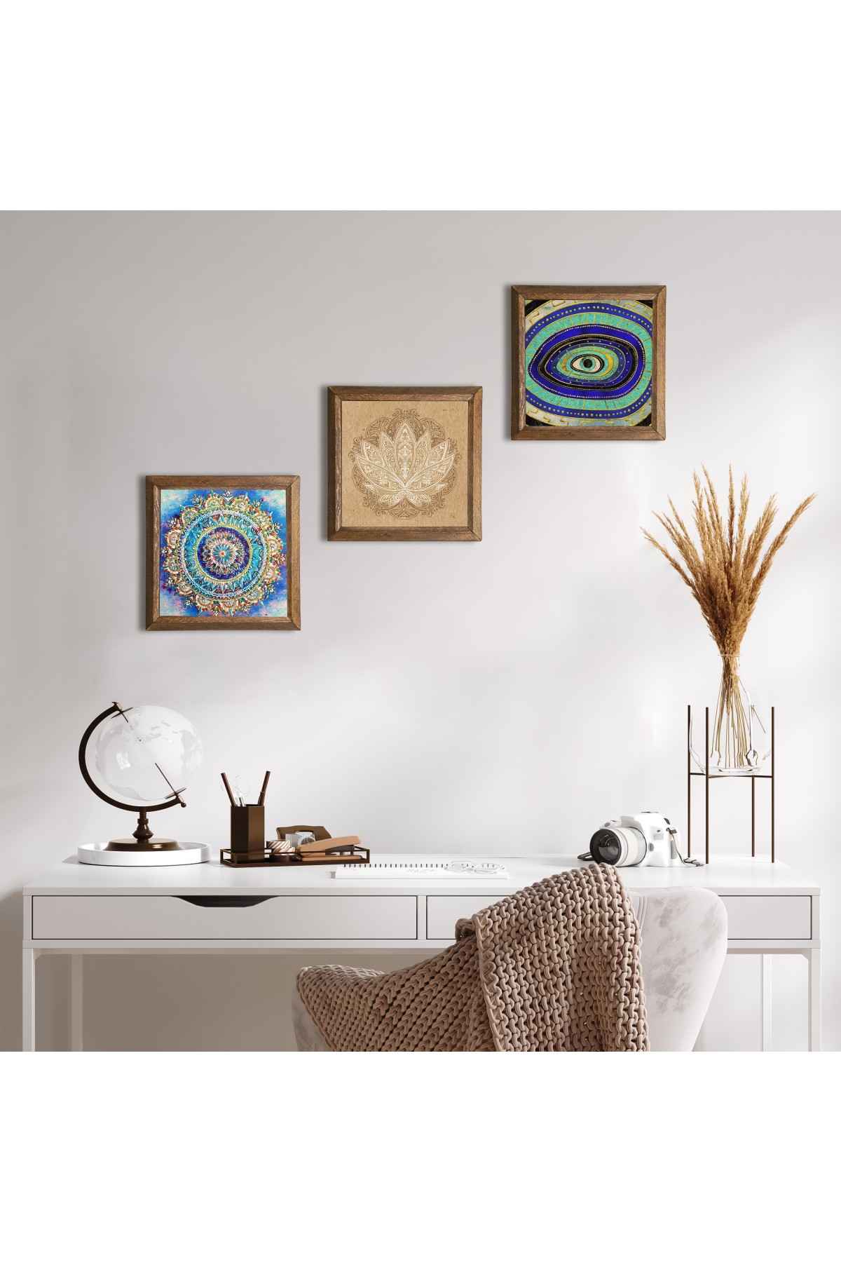 Mandala, Nazar, Lotus Çiçeği Taş Duvar Tablosu Ahşap Çerçeveli Duvar Dekoru 3 Parça Tablo Seti Wall Art