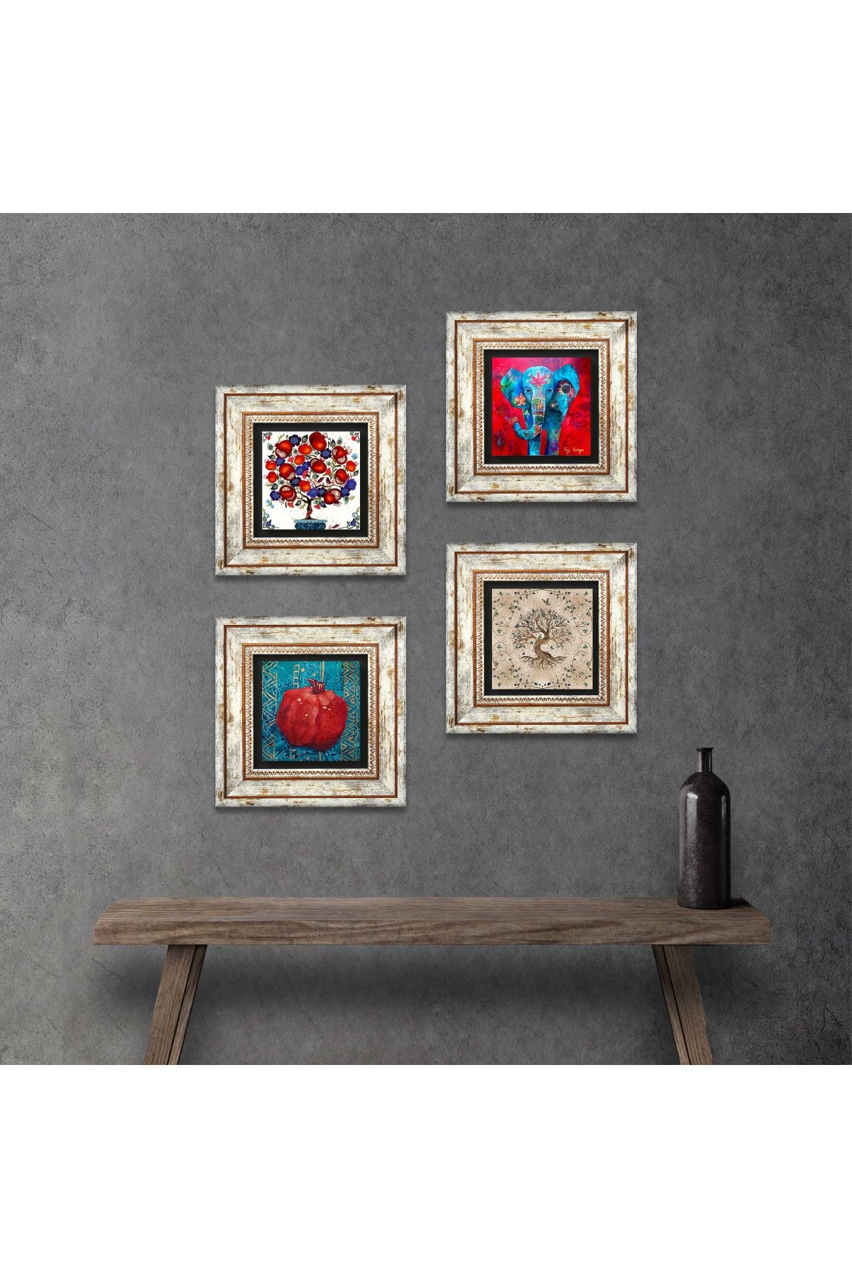 Elephant, Tree of Life, Pomegranate Tree, Pomegranate Stone Wall Painting Framed Wall Decor 4 Piece Painting Set Wall Art