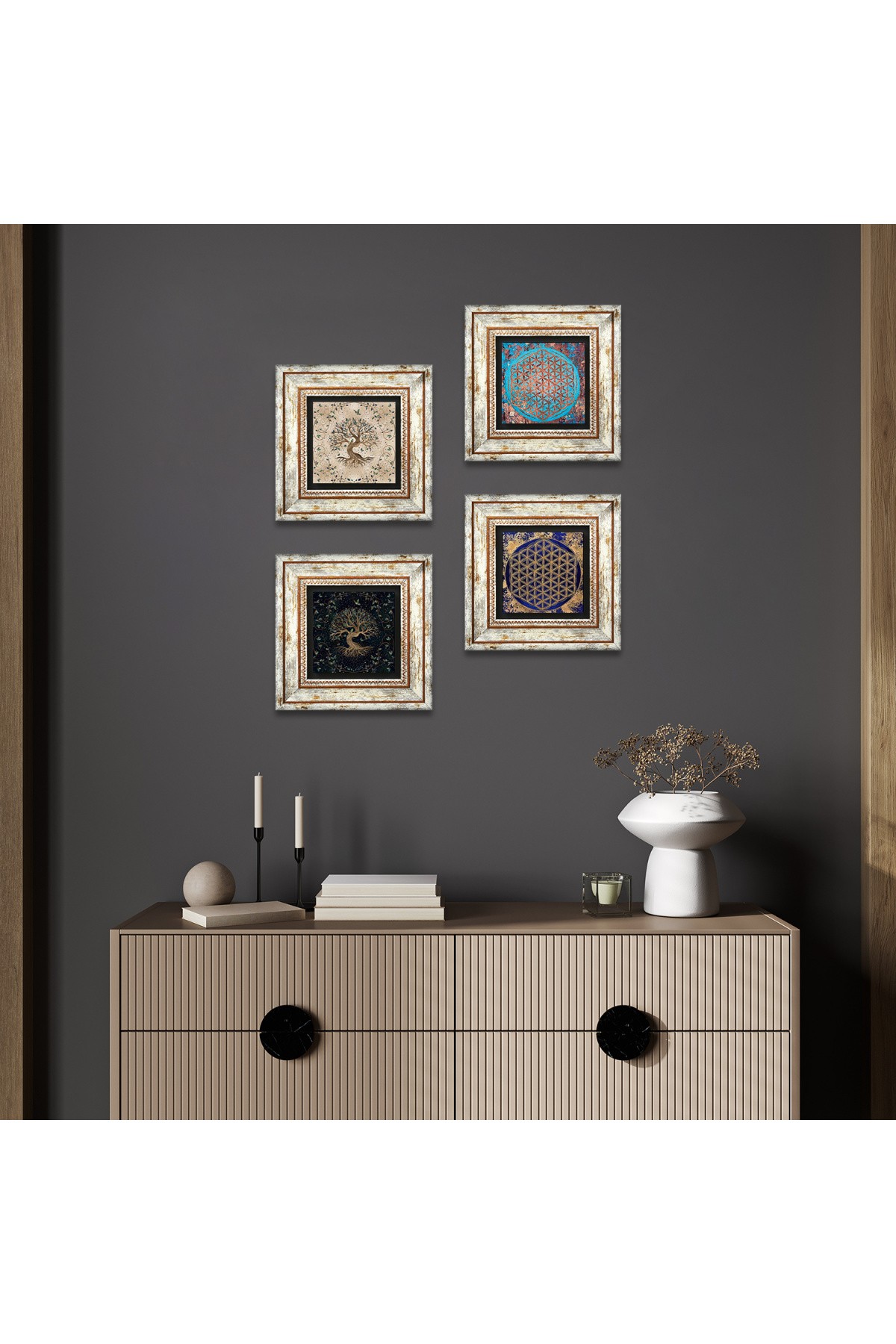 Yaşam Çiçeği, Hayat Ağacı Taş Duvar Tablosu Çerçeveli Duvar Dekoru 4 Parça Tablo Seti Wall Art