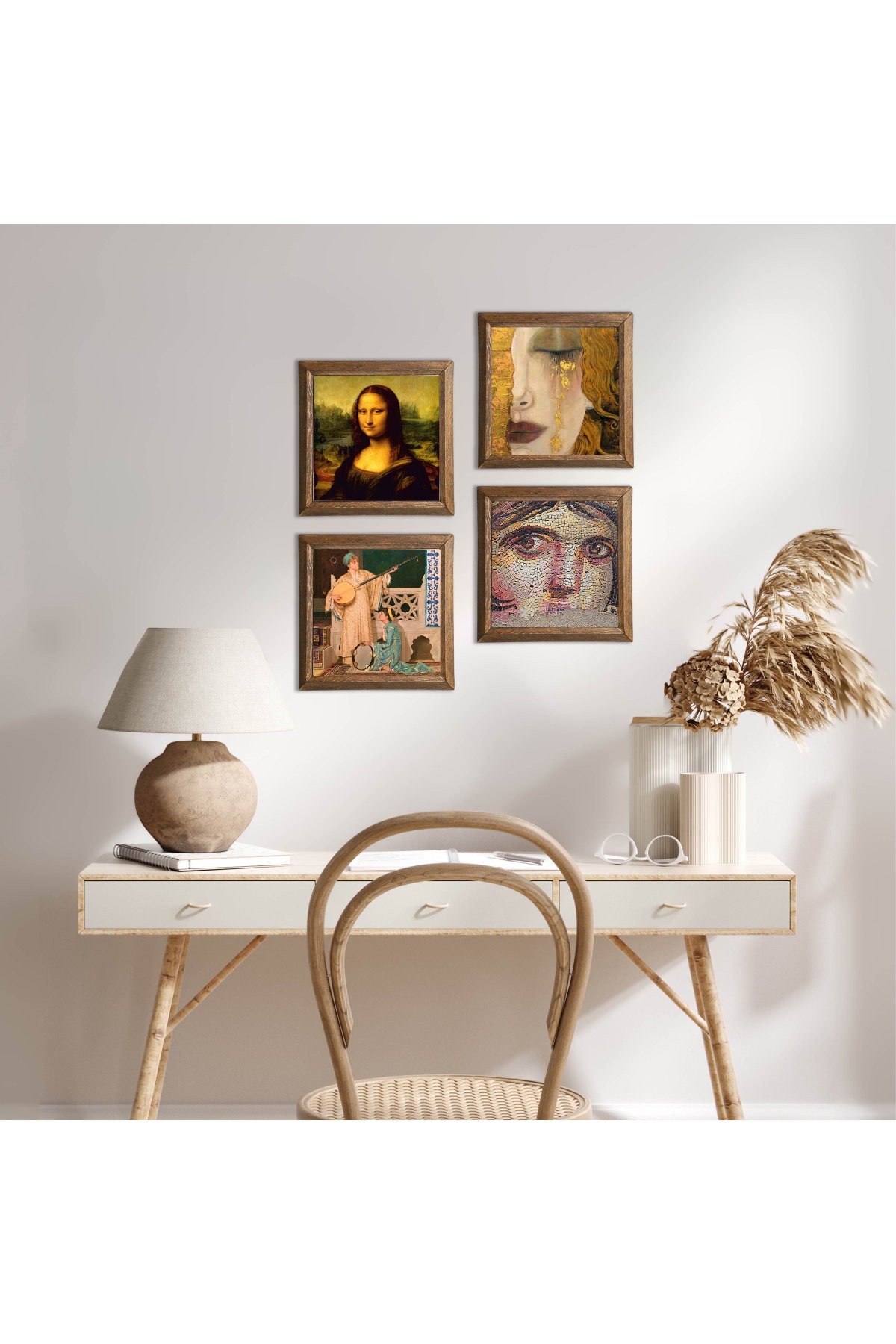 Gypsy Girl, Gustav Klimt, Two Musician Girls, Leonardo da Vinci Stone Wall Painting Wooden Framed Wall Decor 4 Piece Painting Set Wall Art