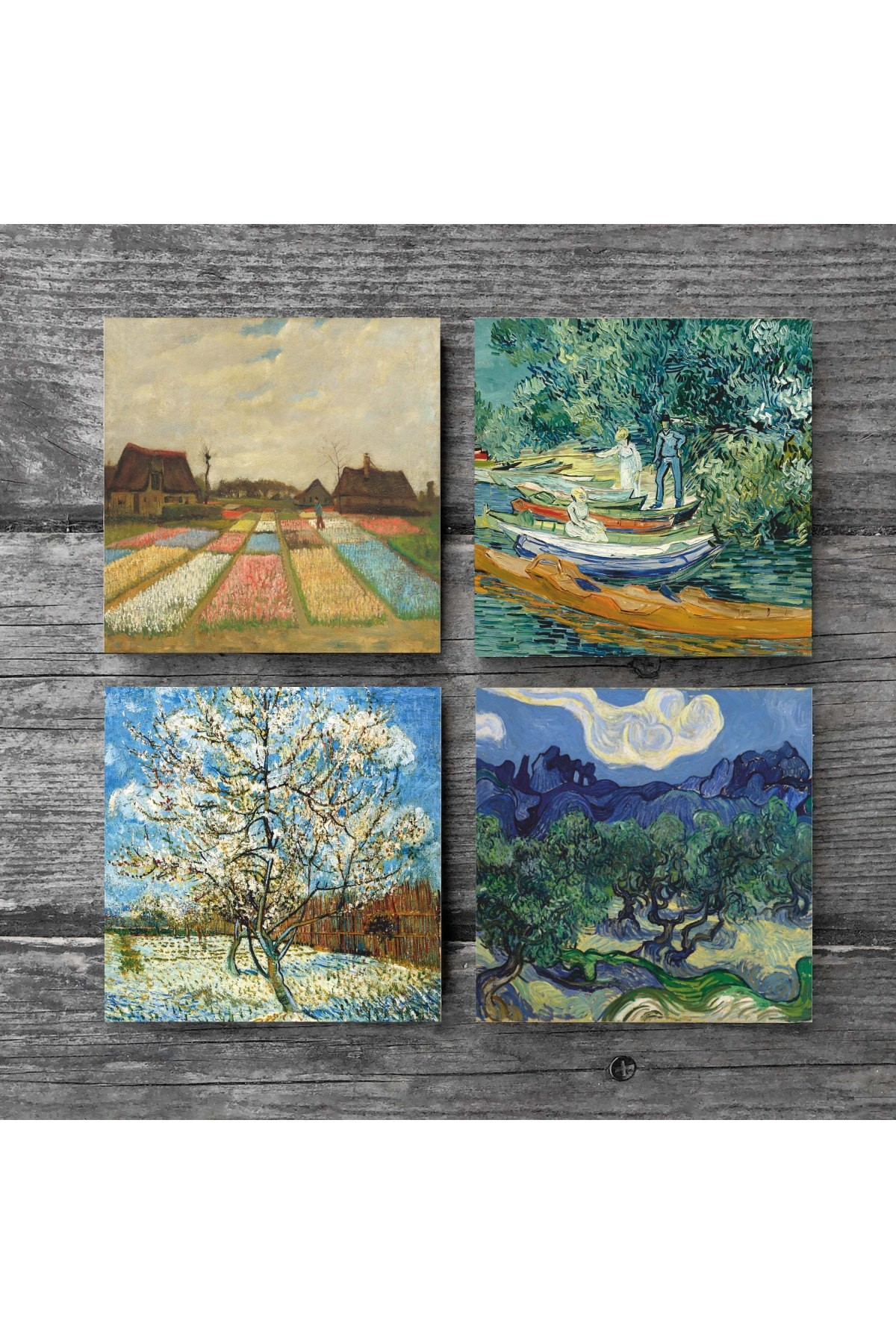 Van Gogh Zeytin Ağaçları, Şeftali Ağacı, Lale Tarlaları, Oise Bankası Taş Bardak Altlığı Masaüstü Koruyucu Altlık 4 Parça Set 10x10cm Stone Coasters