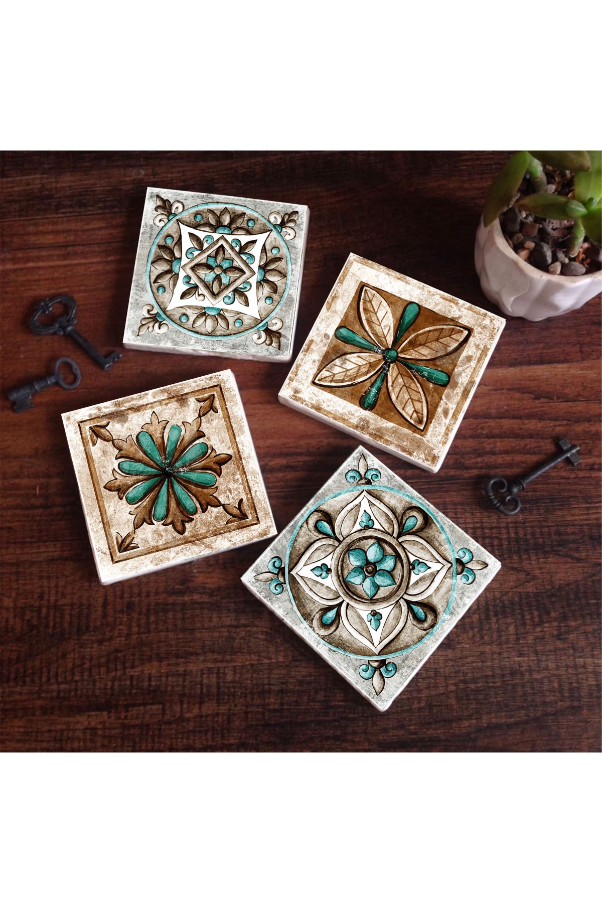 Fas Desenli Vintage, Çini Sanatı Taş Bardak Altlığı Masaüstü Koruyucu Altlık 4 Parça Set 10x10cm Stone Coasters