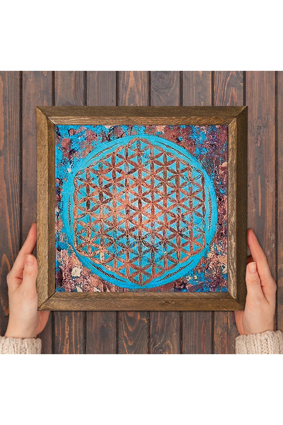 Yaşam Çiçeği Taş Duvar Tablosu Ahşap Çerçeveli Duvar Dekoru Wall Art 25x25cm