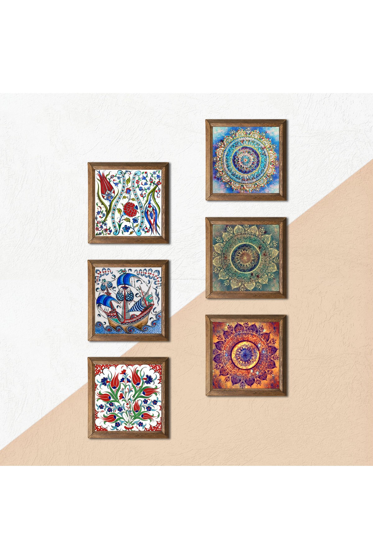 Mandala, Çini Sanatı Yelkenli Gemi, Lale Taş Duvar Tablosu Ahşap Çerçeveli Duvar Dekoru 6 Parça Tablo Seti Wall Art