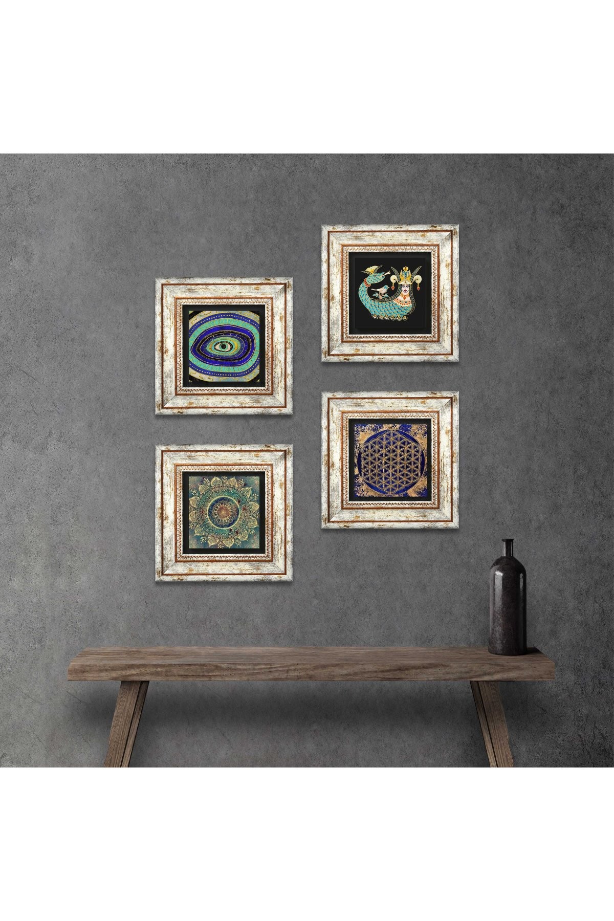 Mandala, Evil Eye, Flower of Life, Shahmaran Stone Wall Painting Framed Wall Decor 4 Piece Painting Set Wall Art