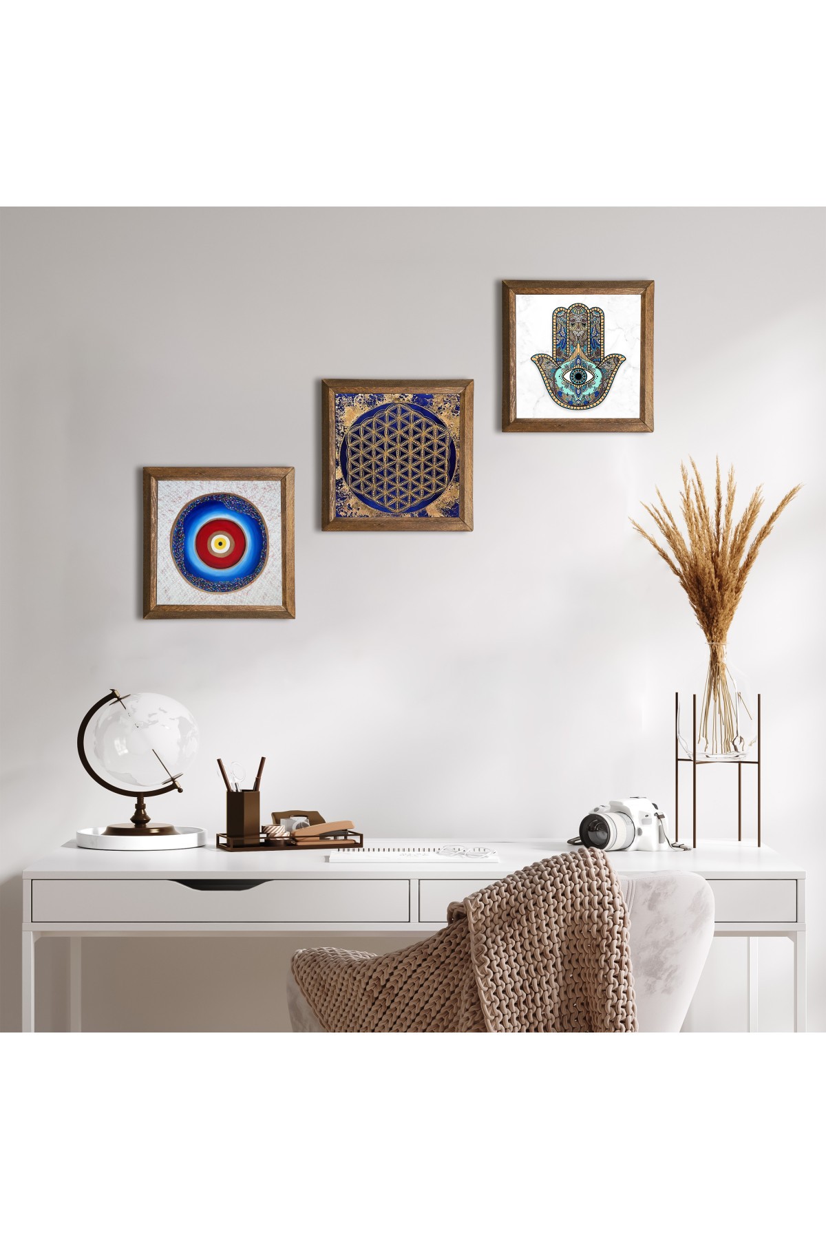 Evil Eye, Flower of Life, Hand of Mother Fatima (Hamsa) Stone Wall Painting Wooden Framed Wall Decor 3 Piece Painting Set Wall Art