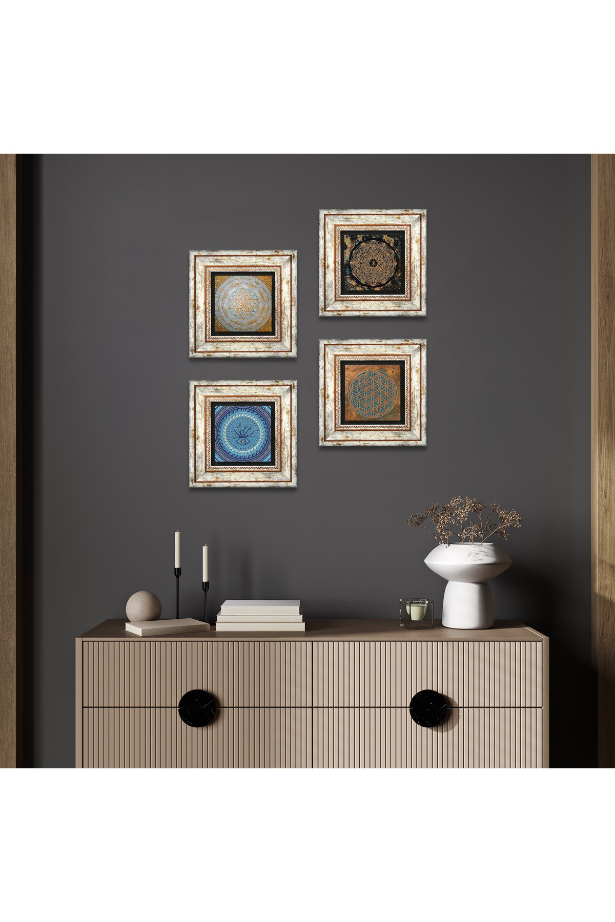 Yaşam Çiçeği, Nazar, Sri Yantra Taş Duvar Tablosu Çerçeveli Duvar Dekoru 4 Parça Tablo Seti Wall Art