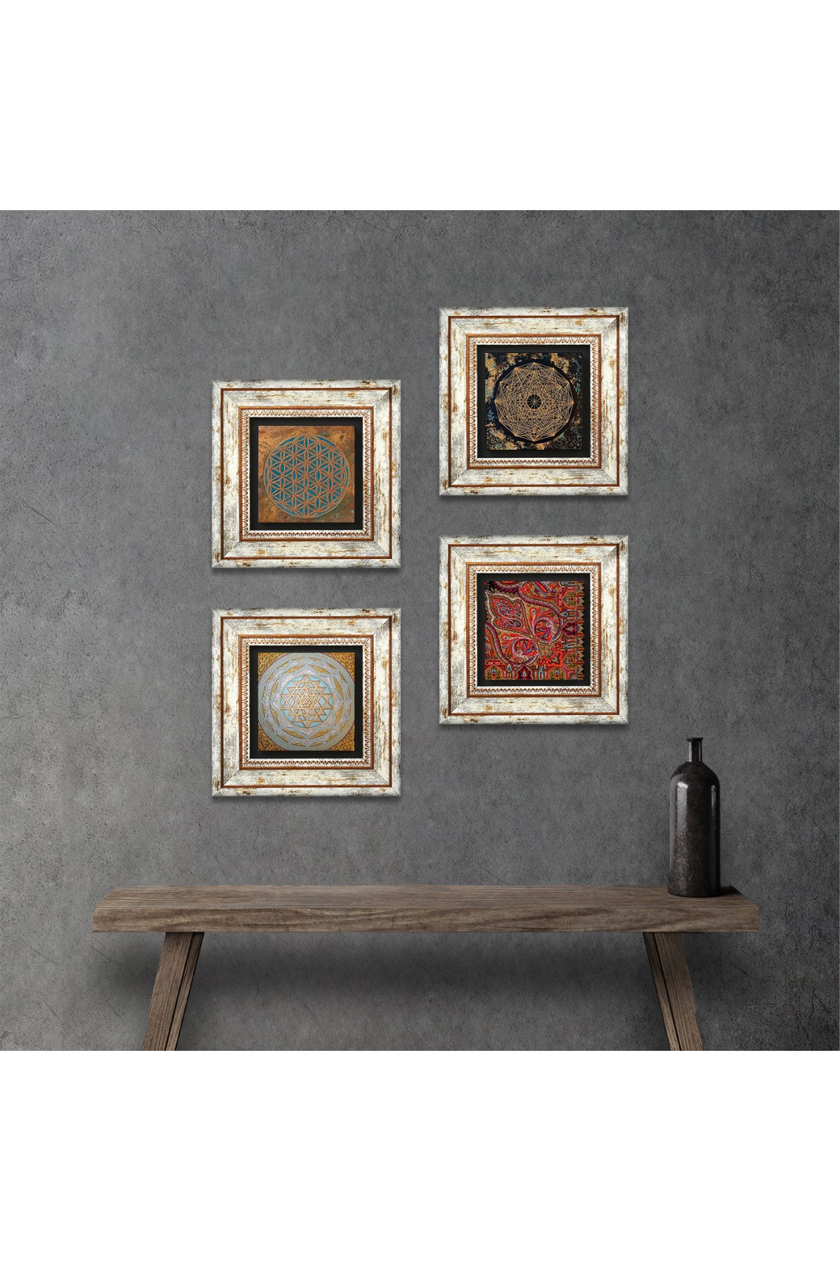 Yaşam Çiçeği, Sri Yantra, Desen Taş Duvar Tablosu Çerçeveli Duvar Dekoru 4 Parça Tablo Seti Wall Art