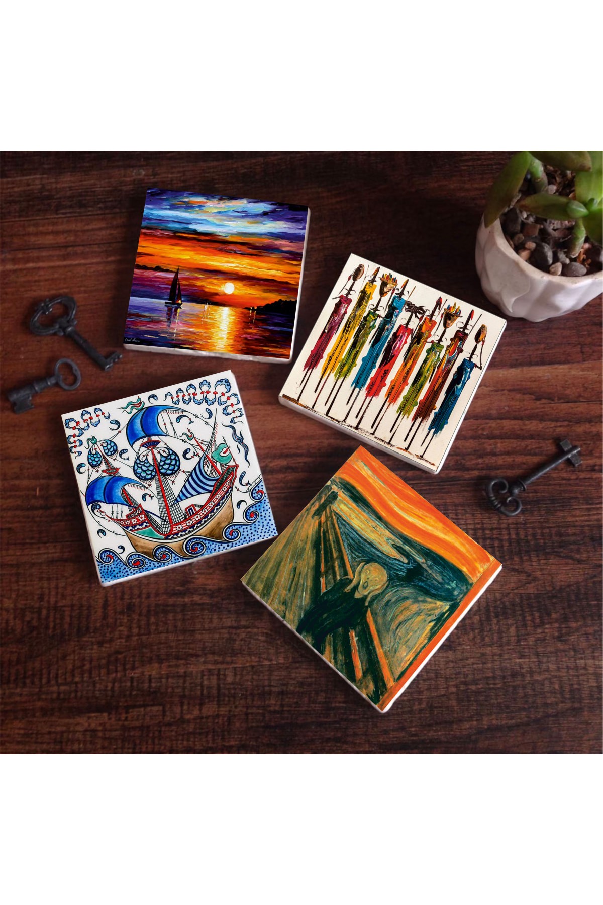 Tile Art Sailing Ship, Scream, Native Women, Seascape Stone Coasters Desktop Protective Coasters 4 Piece Set 10x10cm Stone Coasters