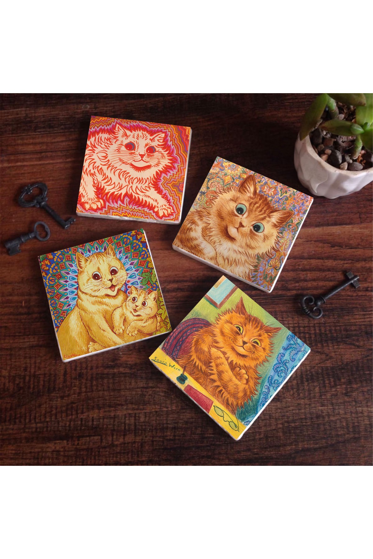 مجموعة قواعد أكواب واقية لسطح المكتب من Louis Wain Cats Stone Coasters مكونة من 4 قطع مقاس 10 × 10 سم