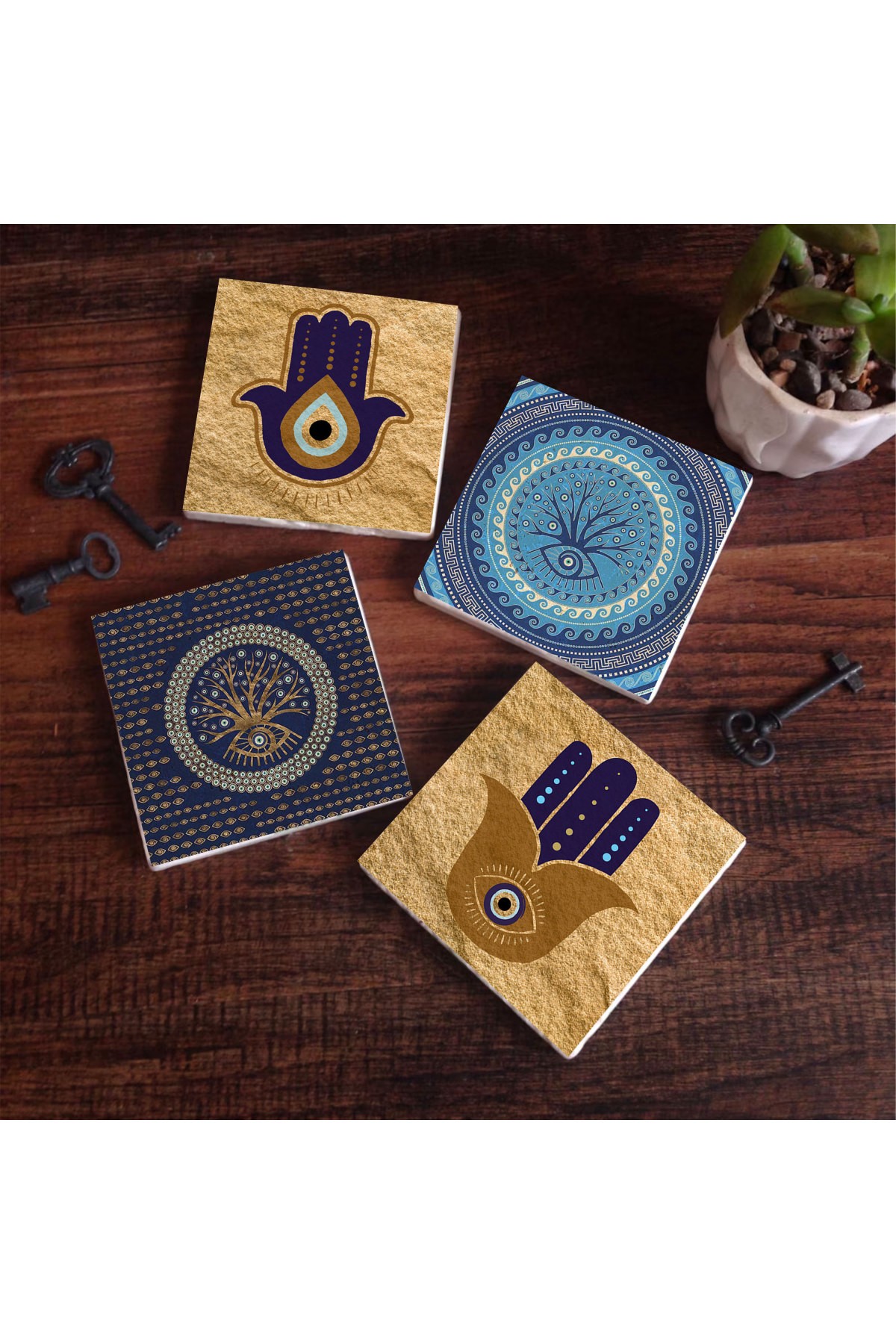 Fatma Ana Eli (Hamsa), Nazar Ağaç Taş Bardak Altlığı Masaüstü Koruyucu Altlık 4 Parça Set 10x10cm Stone Coasters