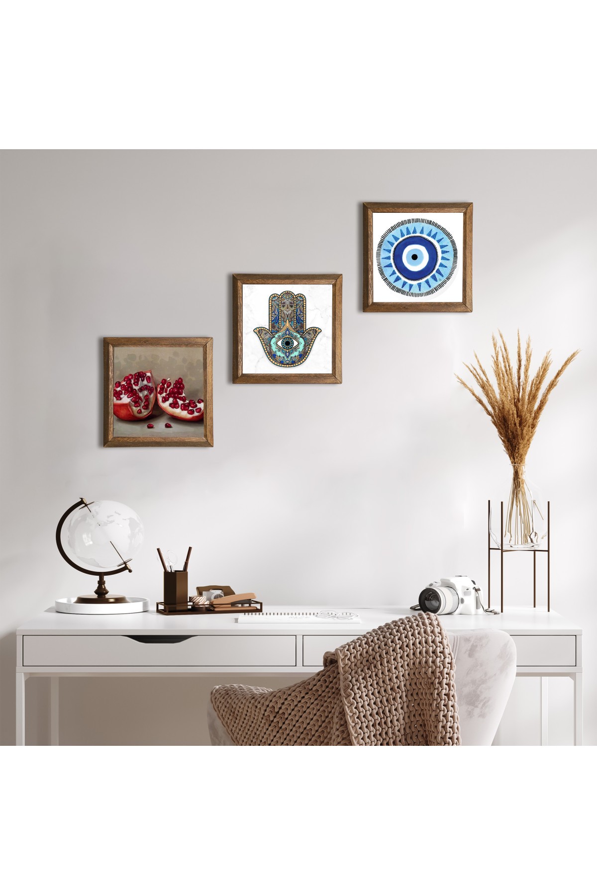 Evil Eye, Pomegranate, Hand of Mother Fatma (Hamsa) Stone Wall Painting Wooden Framed Wall Decor 3 Piece Painting Set Wall Art