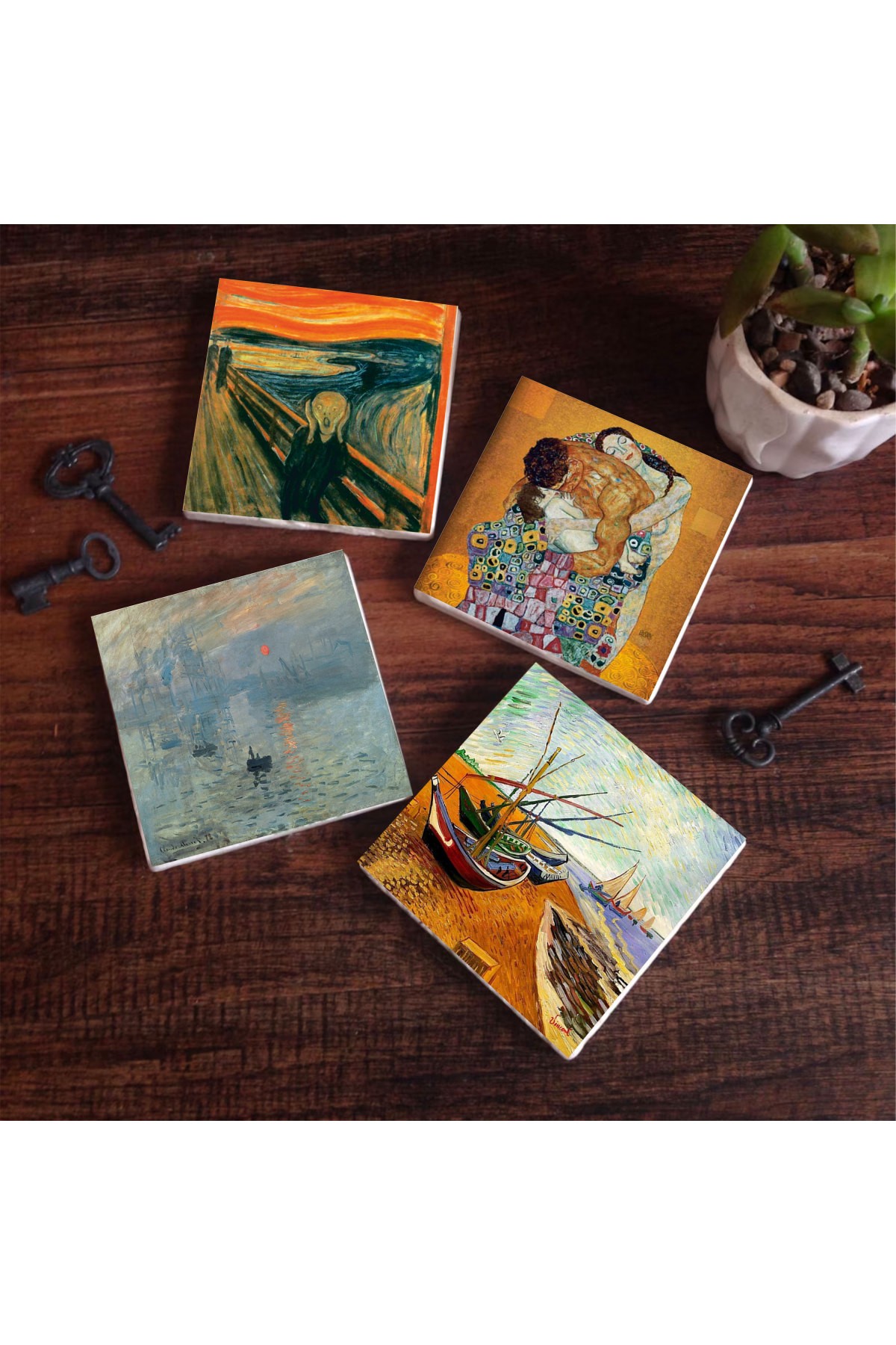 Van Gogh Balıkçı Tekneleri, Monet Gün Doğumu, Çığlık, Klimt Aile Kucaklama Taş Bardak Altlığı Masaüstü Koruyucu Altlık 4 Parça Set 10x10cm Stone Coasters