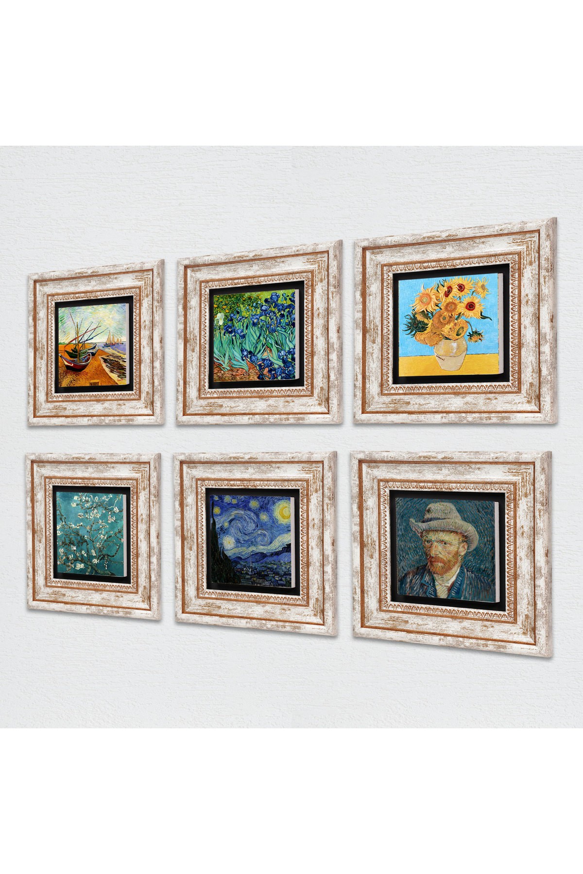 Van Gogh Taş Duvar Tablosu Çerçeveli Duvar Dekoru 6 Parça Tablo Seti Wall Art