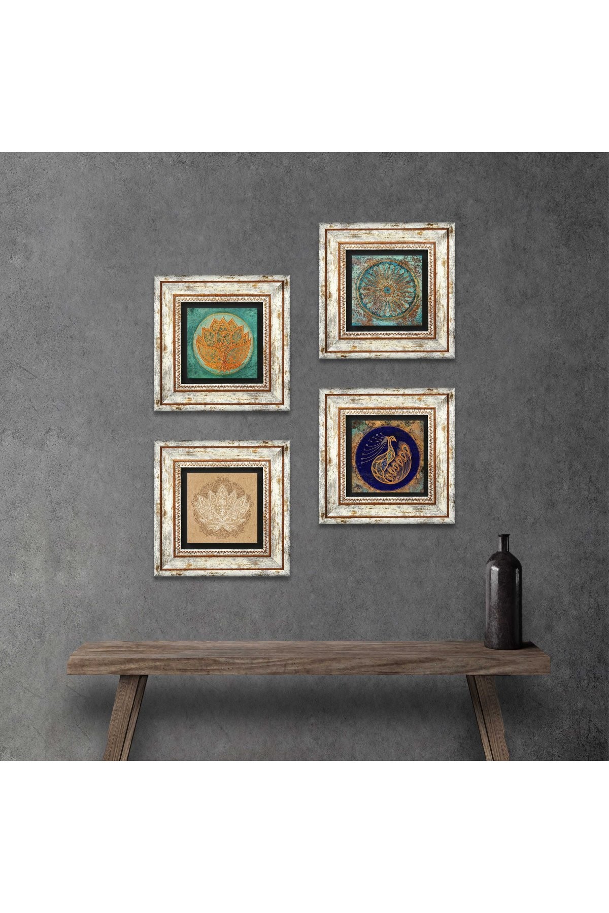 Tavus Kuşu, Yaşam Çiçeği, Lotus Çiçeği Taş Duvar Tablosu Çerçeveli Duvar Dekoru 4 Parça Tablo Seti Wall Art