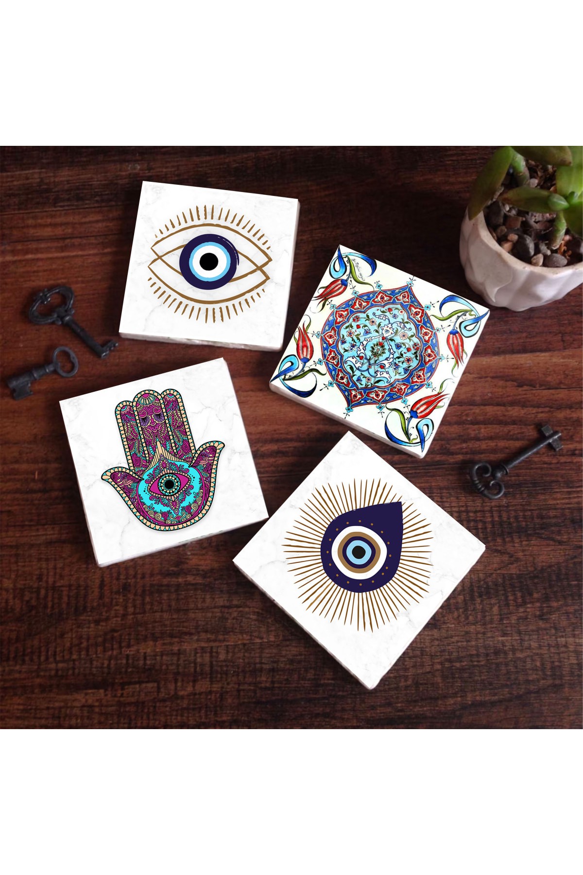 Evil Eye, Mother of Fatima Hand (Hamsa), Tile Art Stone Coasters Desktop Protective Coasters 4 Piece Set 10x10cm Stone Coasters