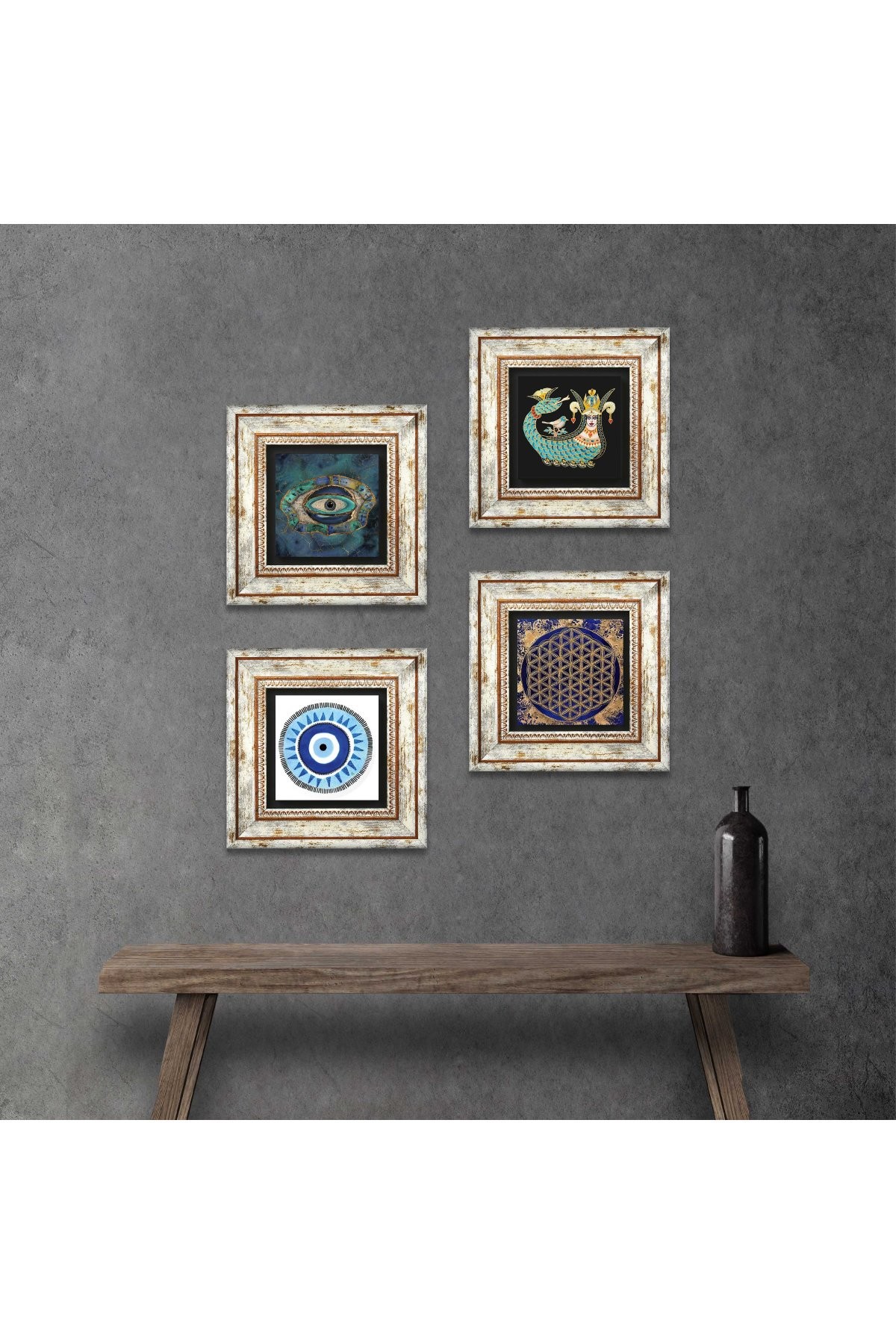 Evil Eye, Flower of Life, Shahmaran Stone Wall Painting Framed Wall Decor 4 Piece Painting Set Wall Art