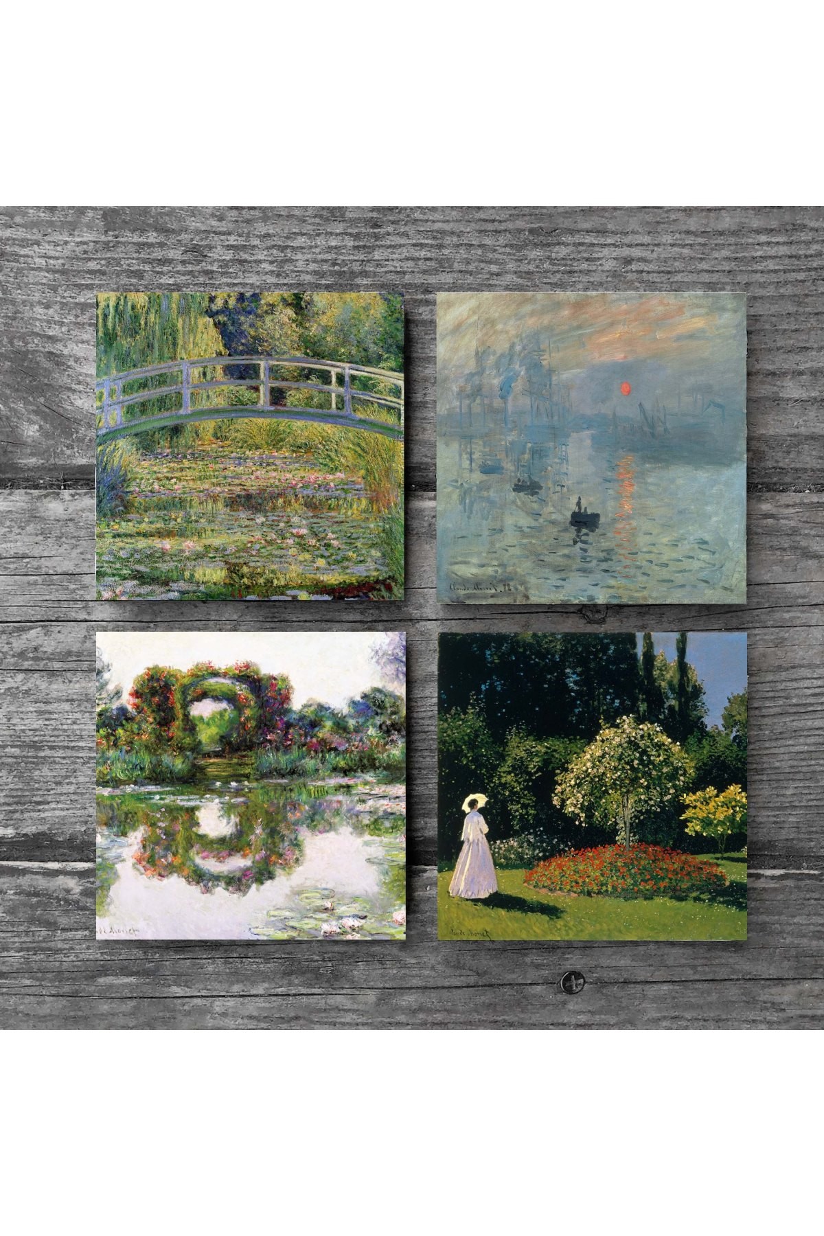 Claude Monet Gül Çiçekli Kemer, Bahçedeki Kadın, İzlenim Gün Doğumu, Nilüfer Gölü Taş Bardak Altlığı Masaüstü Koruyucu Altlık 4 Parça Set 10x10cm Stone Coasters