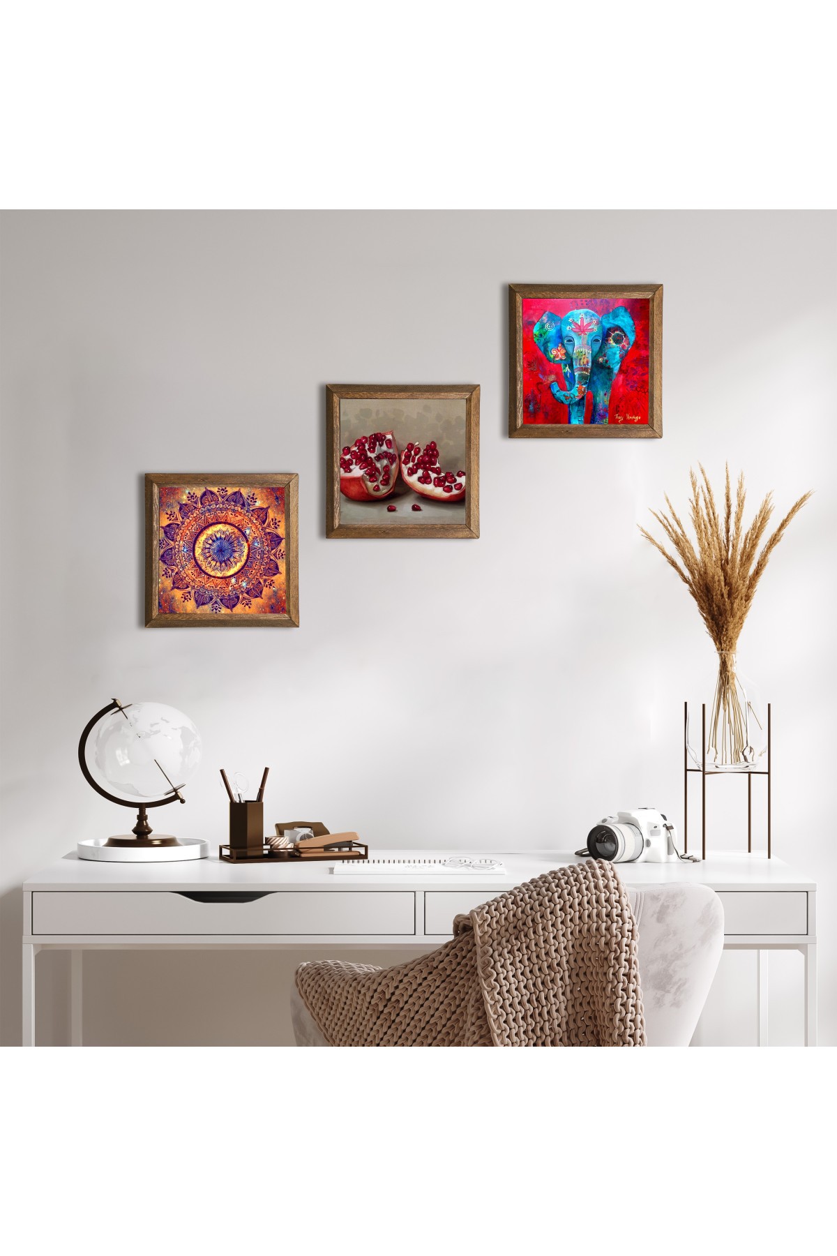 Mandala, Fil, Nar Taş Duvar Tablosu Ahşap Çerçeveli Duvar Dekoru 3 Parça Tablo Seti Wall Art