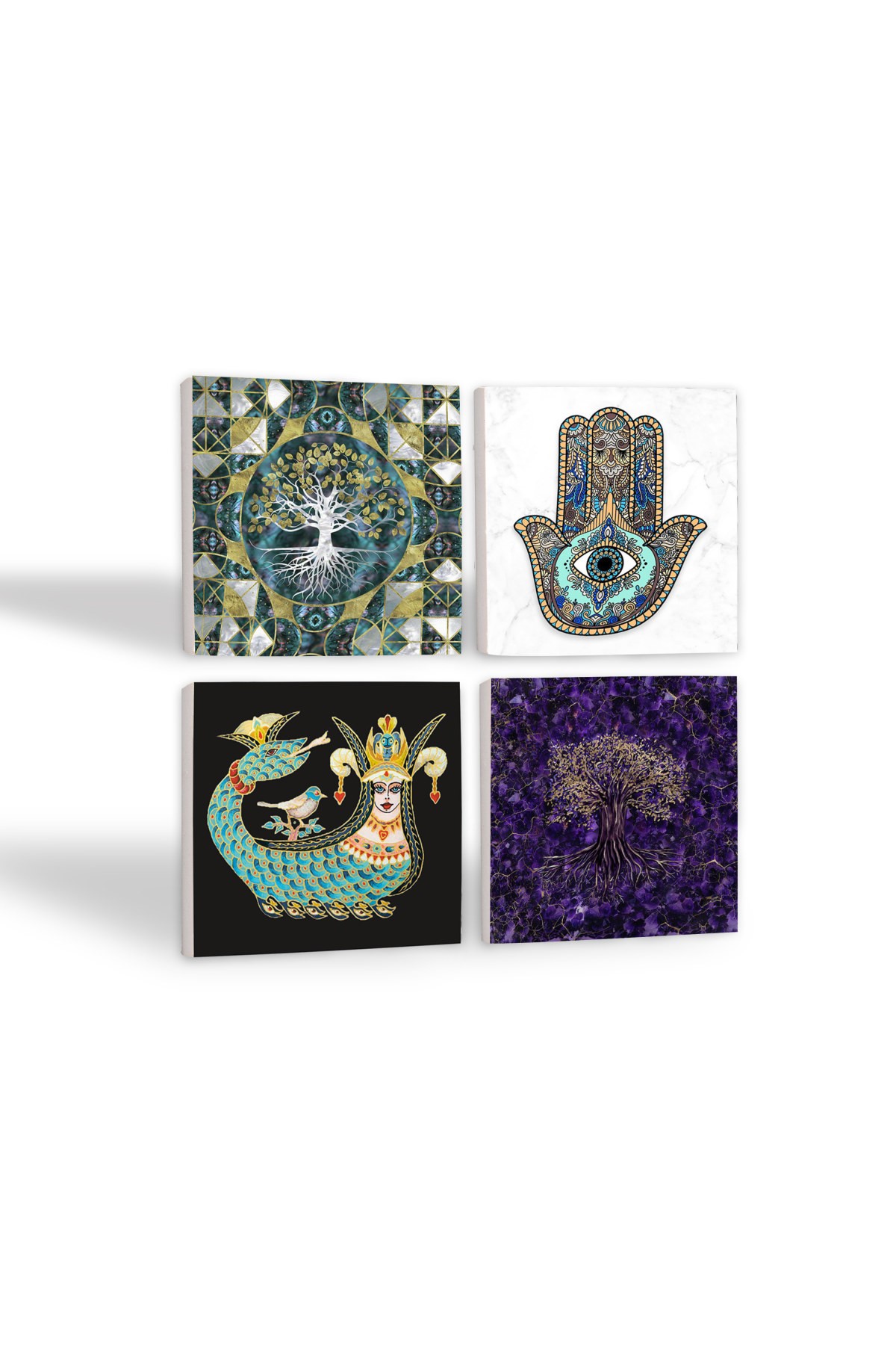 Tree of Life, Shahmaran, Hand of Mother Fatima (Hamsa) Stone Coasters Desktop Protective Coasters 4 Piece Set 10x10cm Stone Coasters