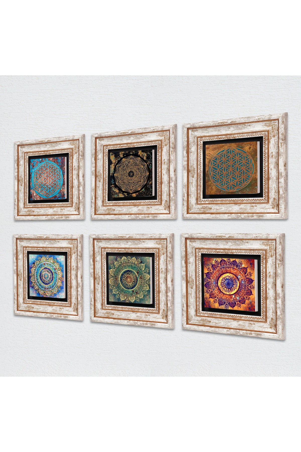 Mandala, Sri Yantra, Flower of Life Stone Wall Painting Framed Wall Decor 6 Piece Painting Set Wall Art