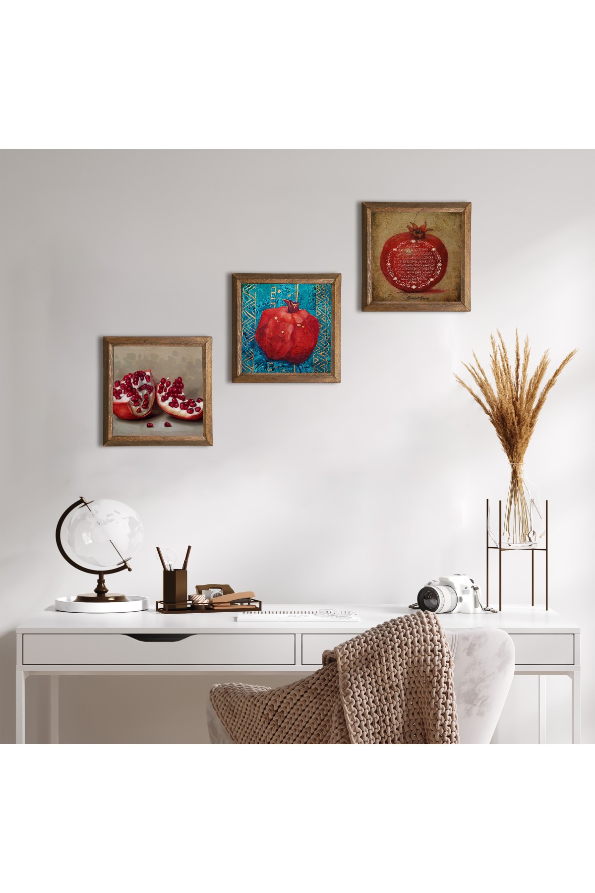 Prayer of Fertility, Pomegranate Stone Wall Painting Wooden Framed Wall Decor 3 Piece Painting Set Wall Art