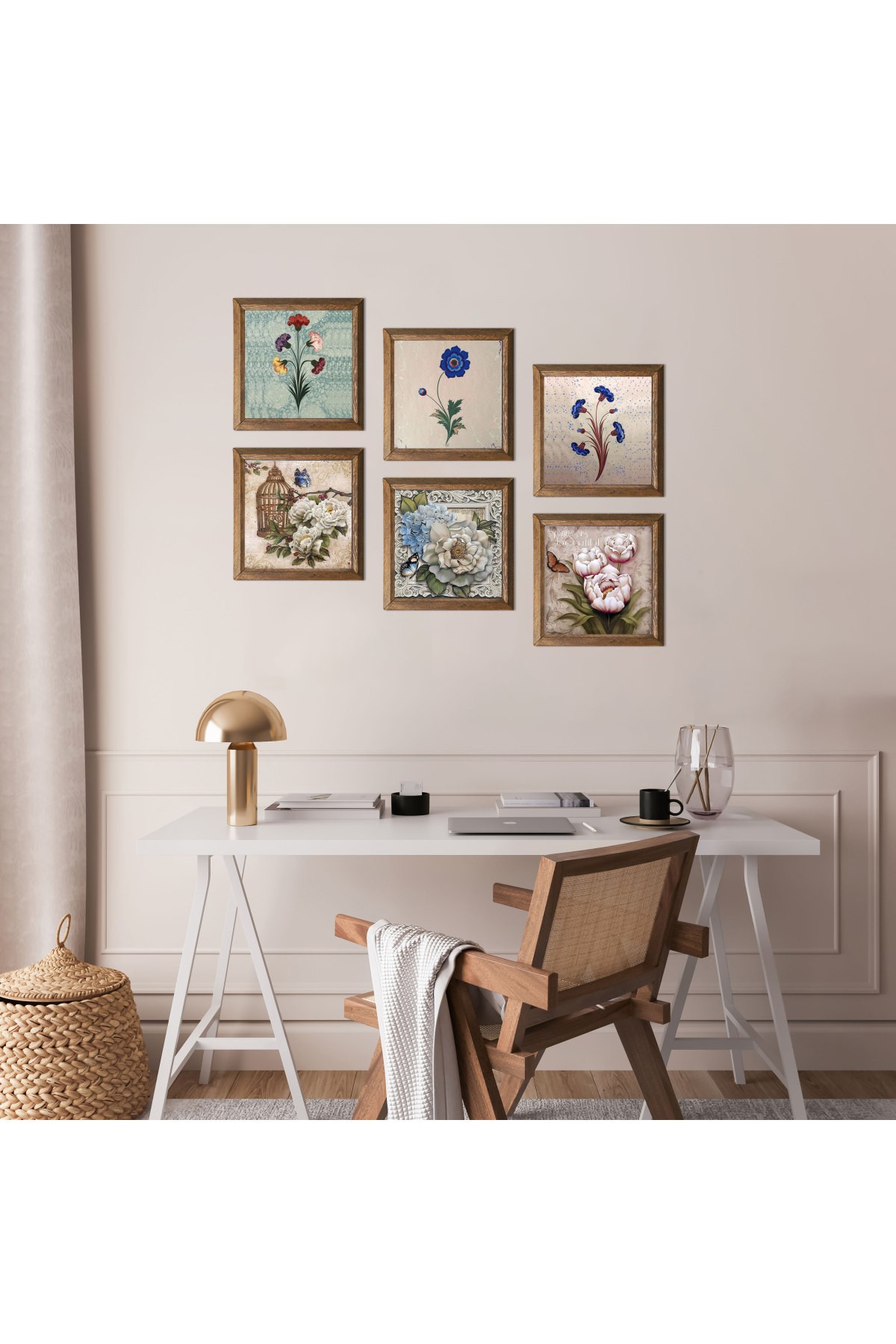 Ebru Sanatı, Kelebekli Çiçek Taş Duvar Tablosu Ahşap Çerçeveli Duvar Dekoru 6 Parça Tablo Seti Wall Art