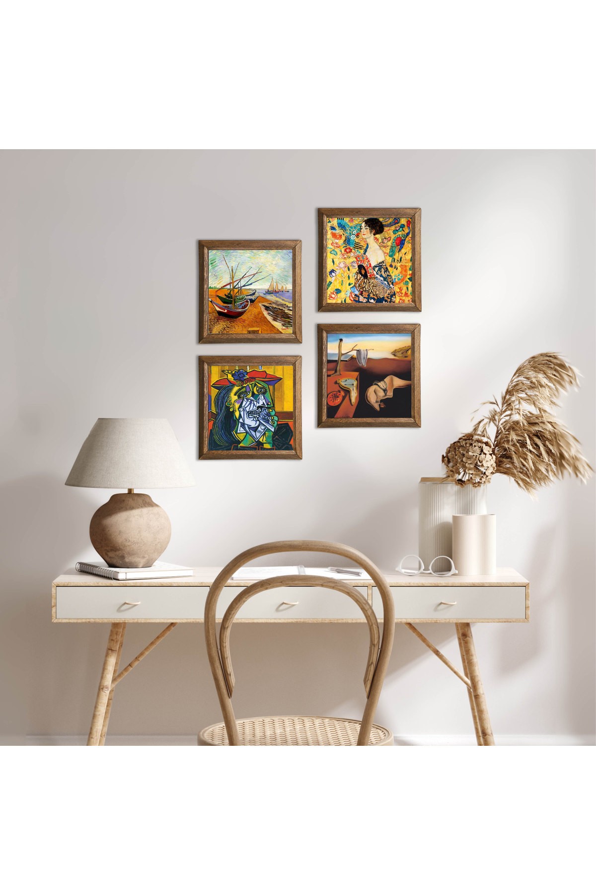 Salvador Dalí, Picasso, Van Gogh, Gustav Klimt Stone Wall Painting Wood Framed Wall Decor 4 Piece Painting Set Wall Art