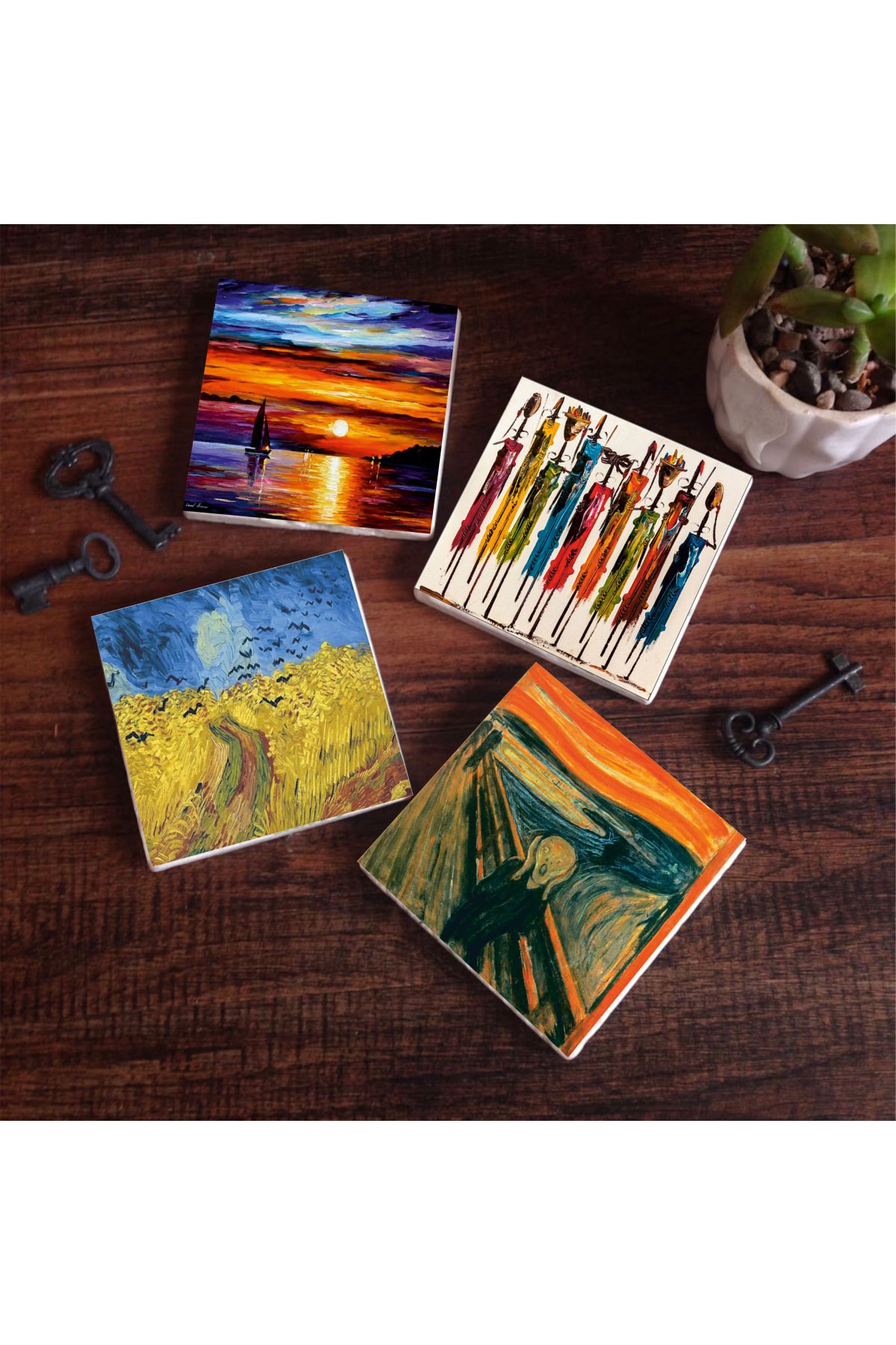 Van Gogh Buğday Tarlası ve Kargalar, Çığlık, Yerli Kadınlar, Deniz Manzarası Taş Bardak Altlığı Masaüstü Koruyucu Altlık 4 Parça Set 10x10cm Stone Coasters