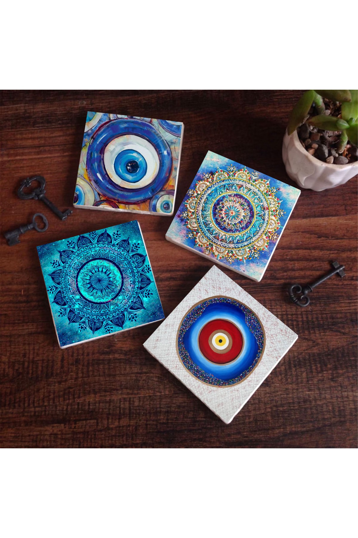 Nazar, Mandala Taş Bardak Altlığı Masaüstü Koruyucu Altlık 4 Parça Set 10x10cm Stone Coasters