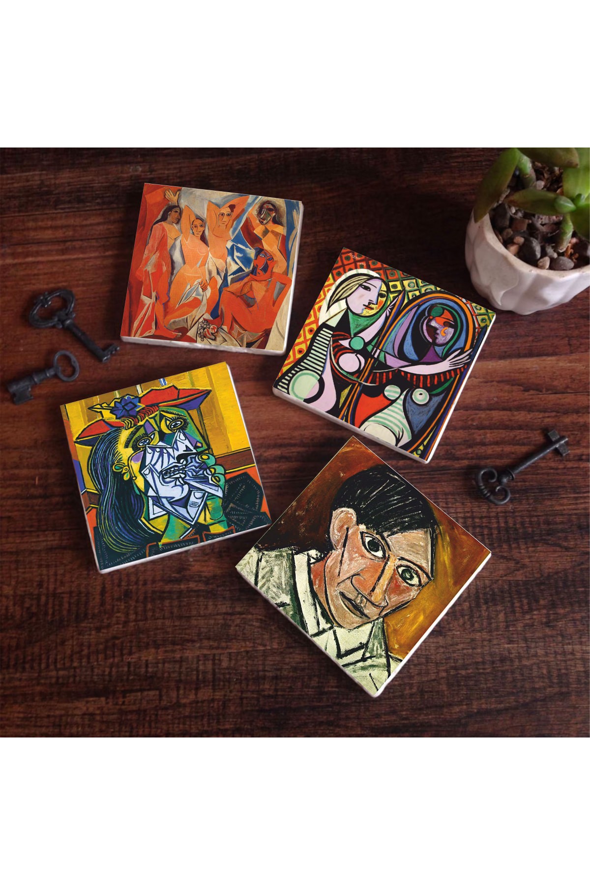 Picasso Ağlayan Kadın, Avignonlu Kızlar, Ayna Karşısındaki Kız, Otoportre Taş Bardak Altlığı Masaüstü Koruyucu Altlık 4 Parça Set 10x10cm Stone Coasters