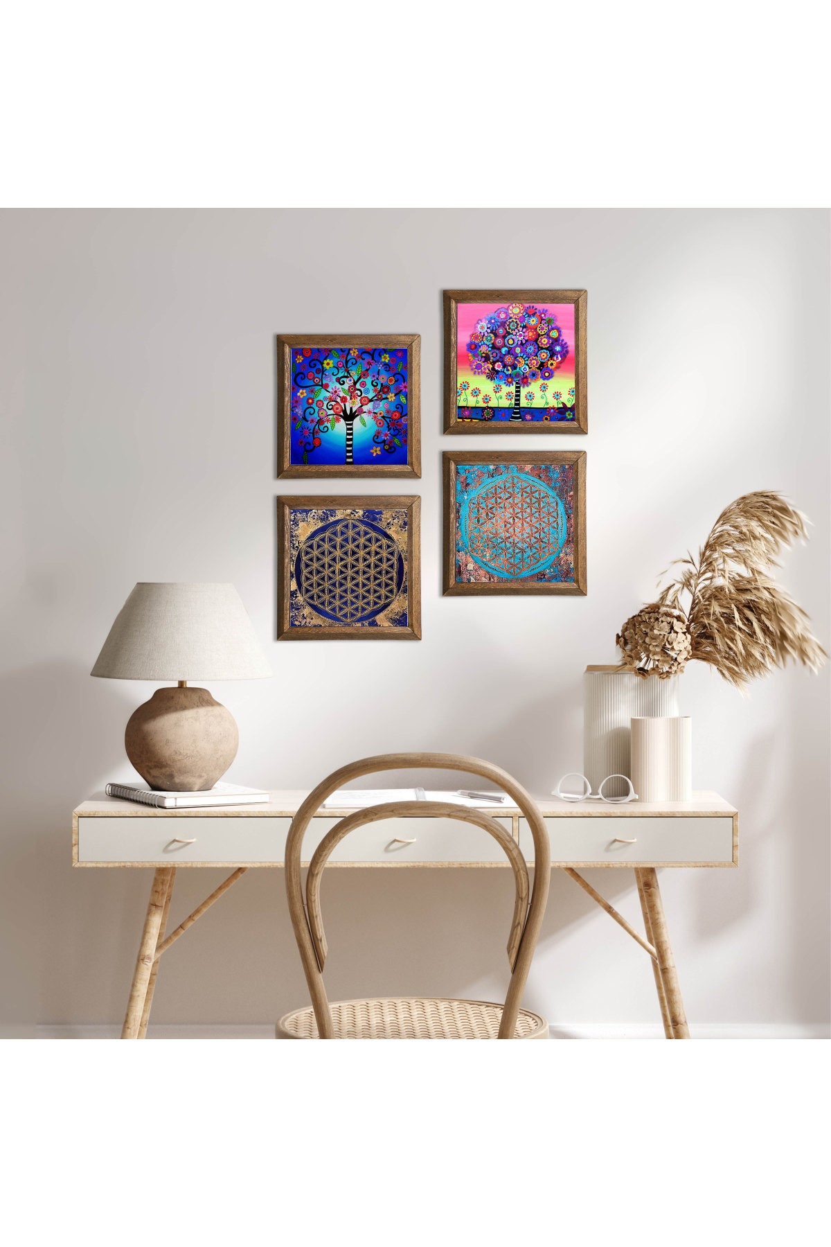 Flower of Life, Tree of Life Stone Wall Painting Wooden Framed Wall Decor 4 Piece Painting Set Wall Art