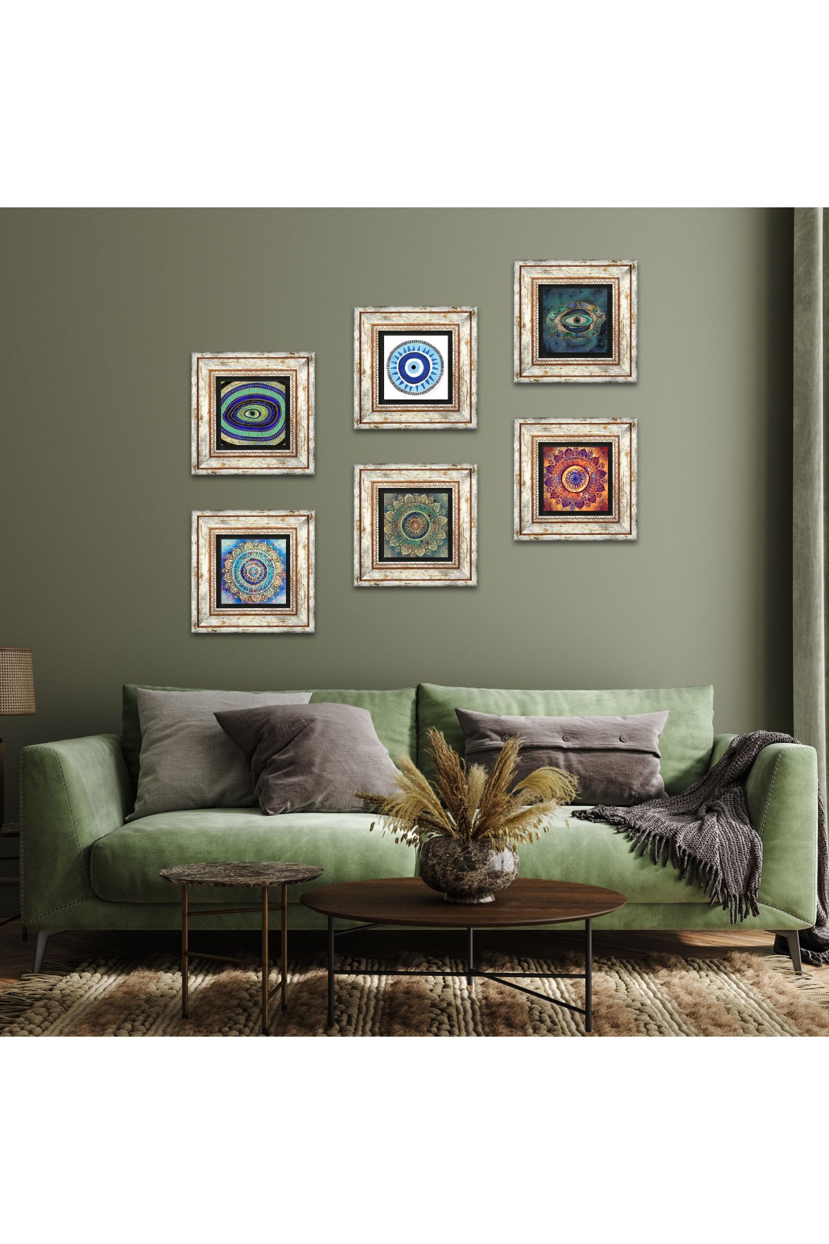 Mandala, Nazar Taş Duvar Tablosu Çerçeveli Duvar Dekoru 6 Parça Tablo Seti Wall Art