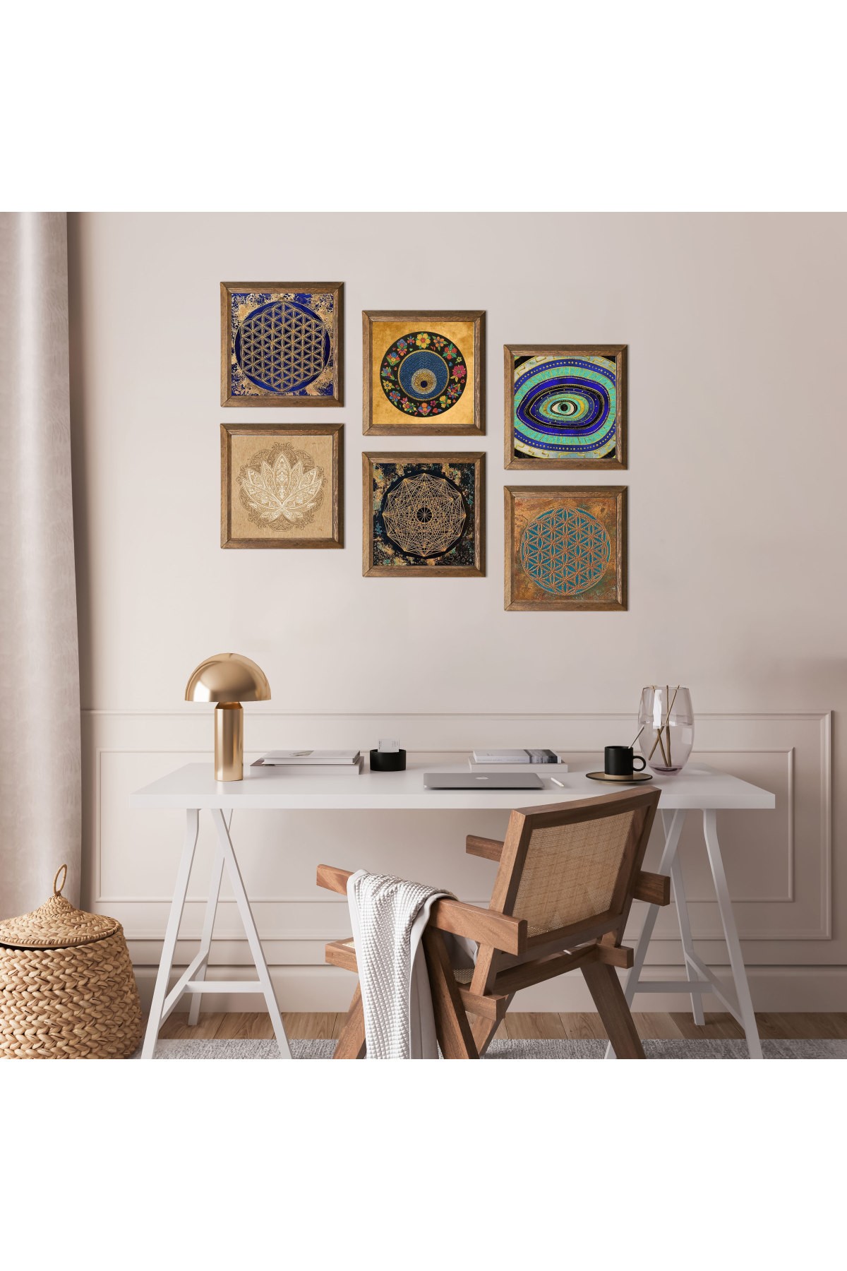 Sri Yantra, Lotus Çiçeği, Yaşam Çiçeği, Nazar Taş Duvar Tablosu Ahşap Çerçeveli Duvar Dekoru 6 Parça Tablo Seti Wall Art